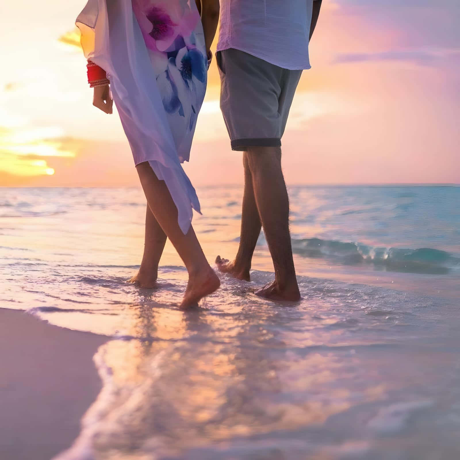 Beautiful Couple 桌布 壁紙 — 一對情侶在日落時赤腳走在淺海水中，溫暖的粉紅色和橙色色調反射在濕沙上。