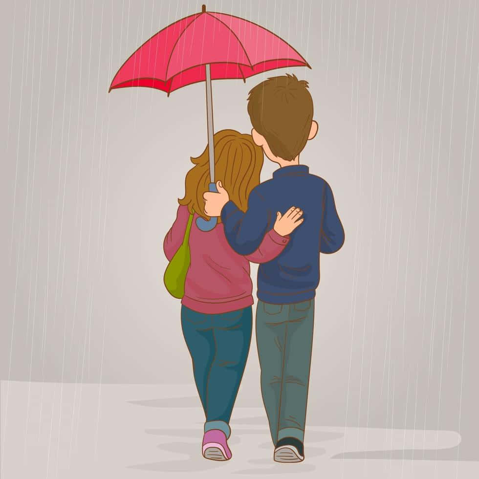 Umbrella 桌布 壁紙 — 一對情侶在明亮的粉紅色雨傘下一起行走，雨水從他們身後落下。