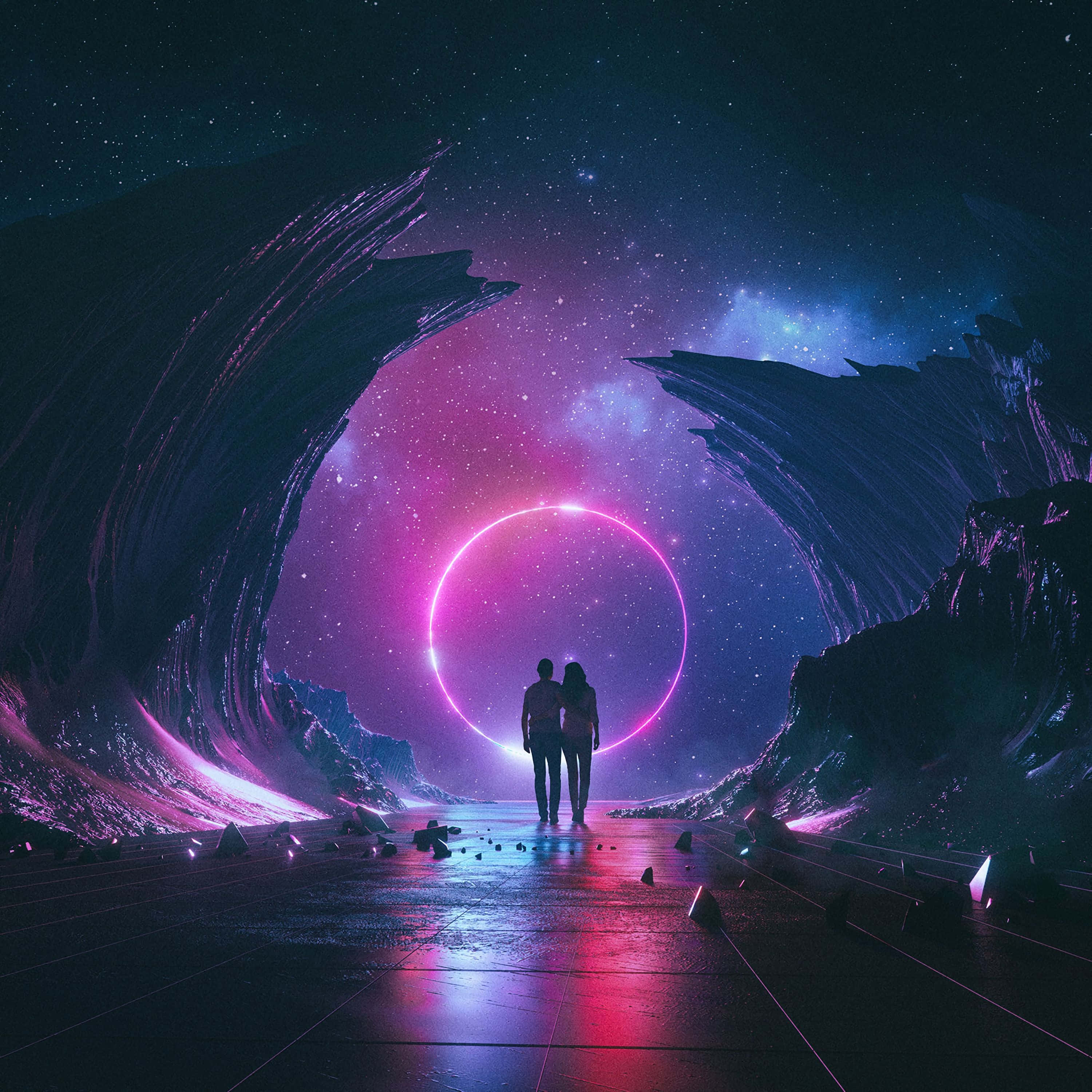 2560x1440 動態圖片 桌布 壁紙 — 一對情侶在星空下的宇宙隧道中，敬畏地站在一個發光的粉紅色環形傳送門前。