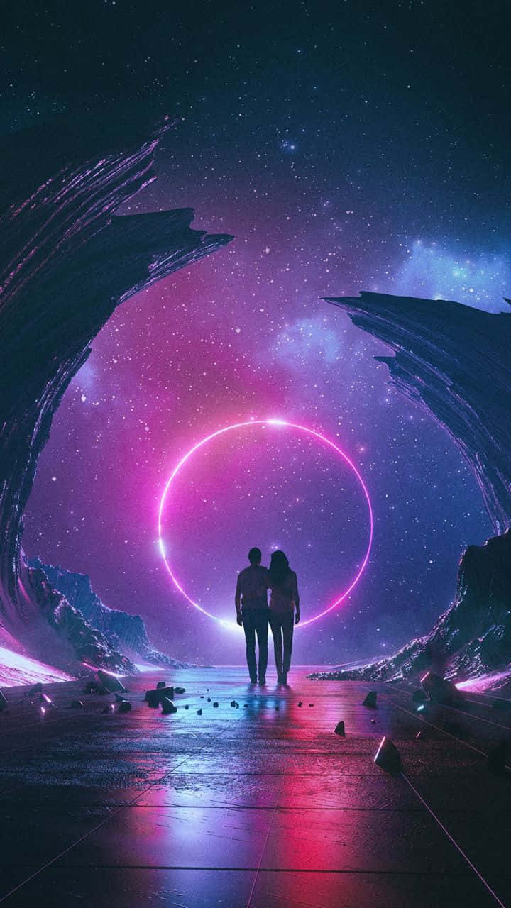 720x1280 桌布 壁紙 — 一對情侶在星空下的宇宙隧道中，驚嘆地站在一個發光的粉紅色環面前。