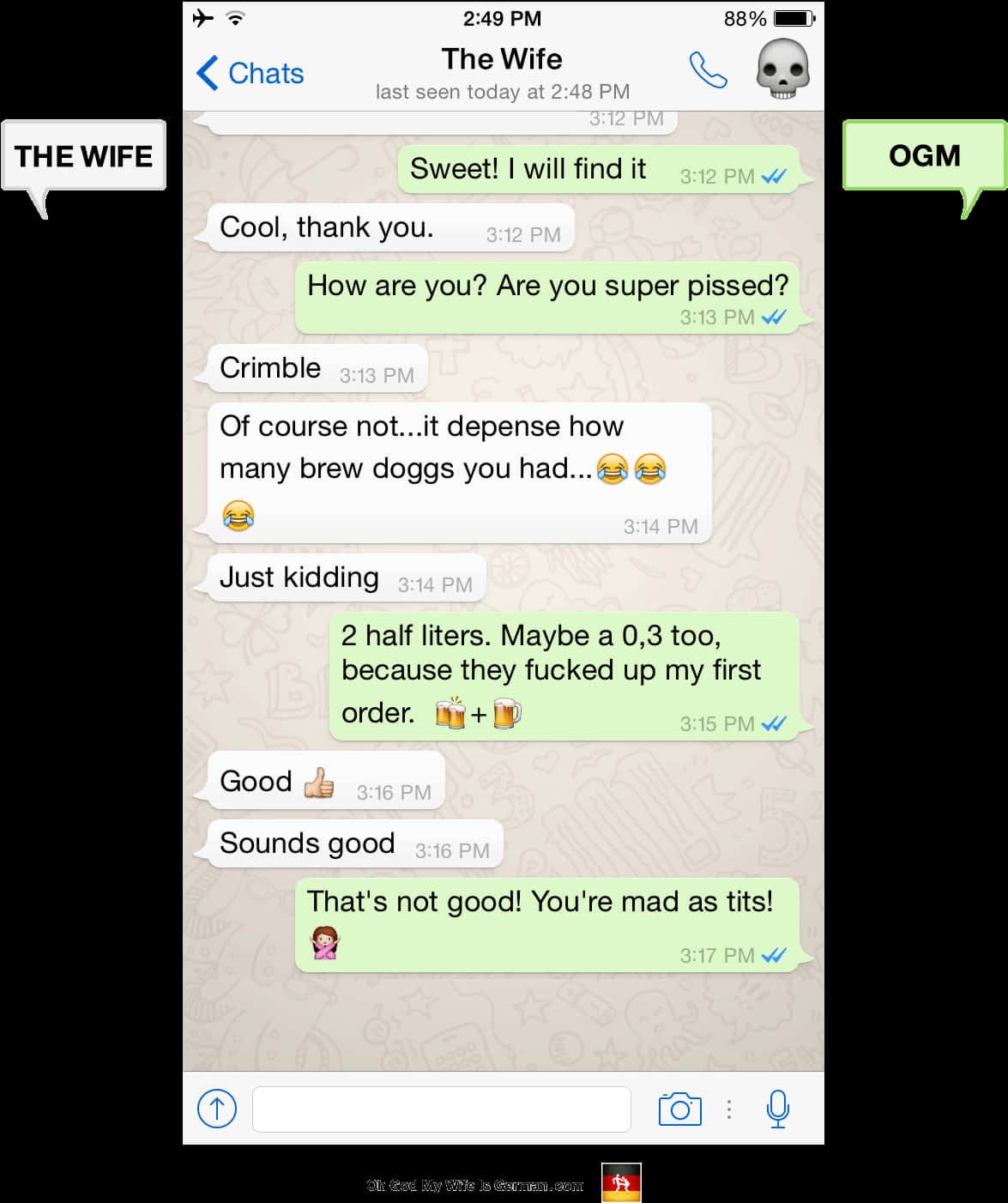 WhatsApp 聊天 桌布 壁紙 — 一對情侶在智慧型手機螢幕上關於打翻啤酒和開玩笑侮辱的幽默簡訊對話。