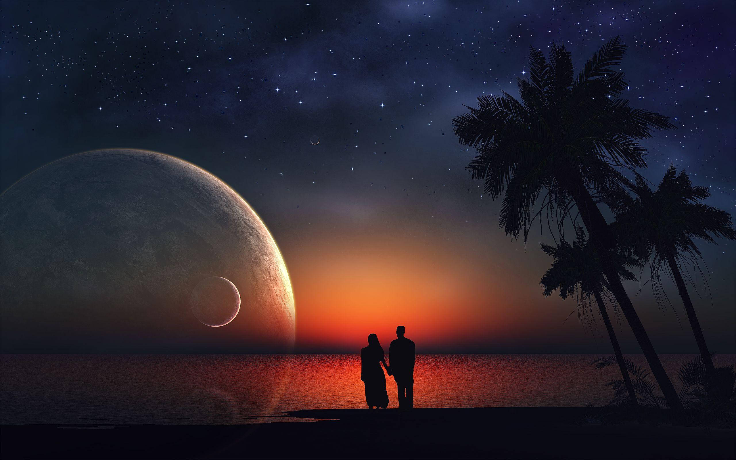 棕櫚樹 桌布 壁紙 — 一對情侶在暮色中的海灘上，在巨大行星和星空下，棕櫚樹旁牽手。