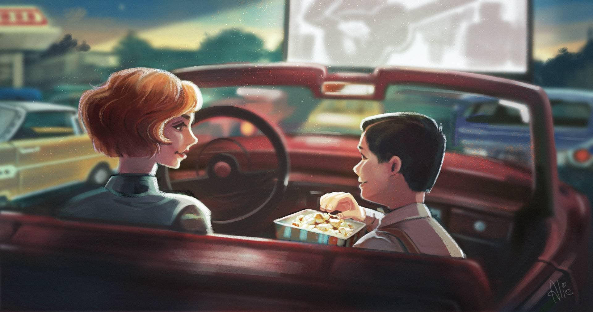 Gambit 桌布 壁紙 — 一對情侶在暮色天空下的汽車電影院紅色敞篷車中分享爆米花。