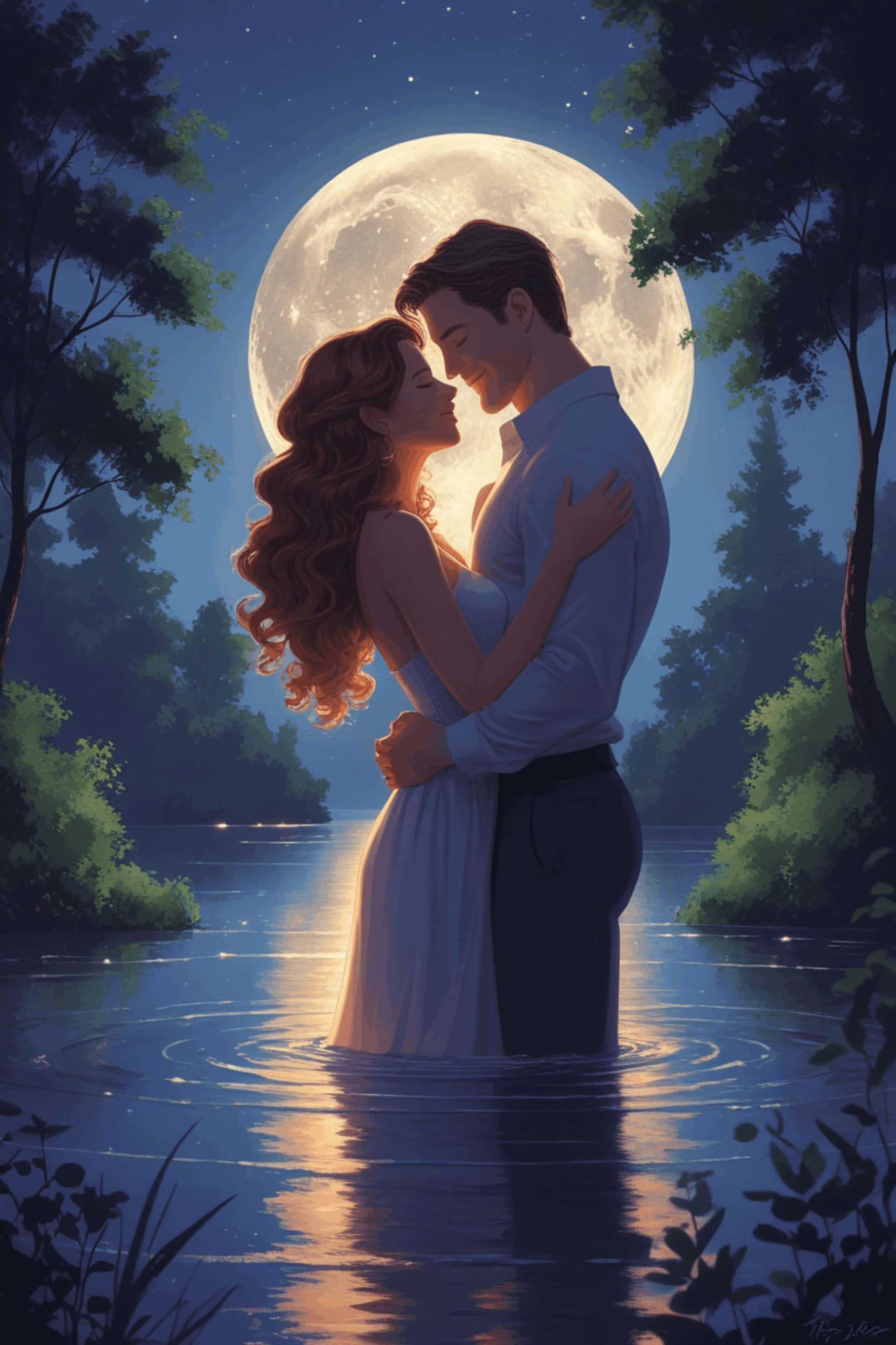 Romance 桌布 壁紙 — 一對情侶在月光照耀的水中擁抱，一輪巨大的滿月在他們身後透過繁星點點的夜間樹木發光。