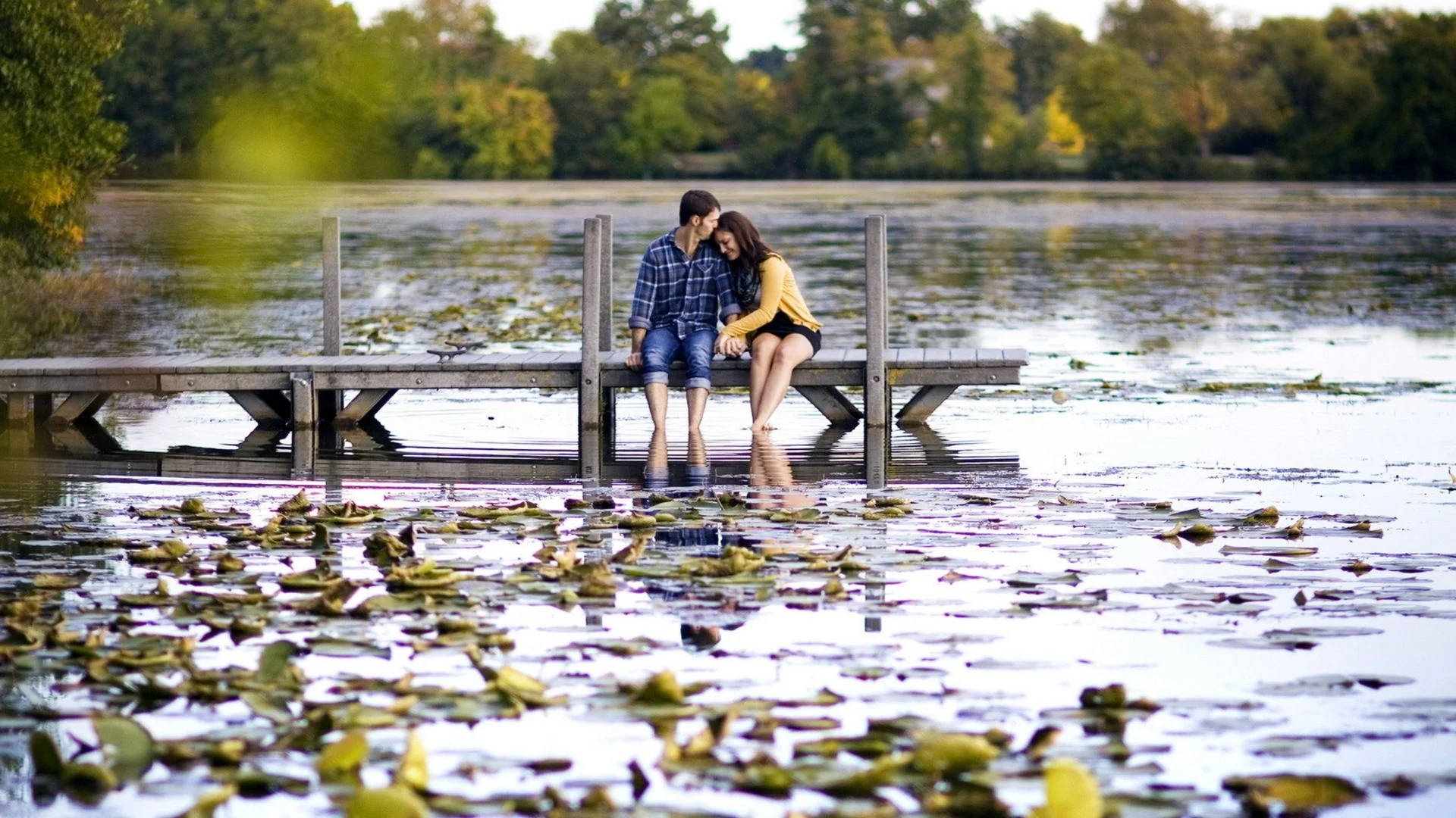 Romantic Love 桌布 壁紙 — 一對情侶在木製碼頭上分享親密時刻，周圍環繞著睡蓮和秋樹。