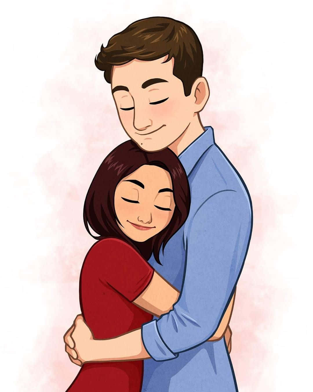 Couple Cartoon 桌布 壁紙 — 一對情侶在柔和的粉紅色背景前閉眼擁抱的溫柔數位插圖。