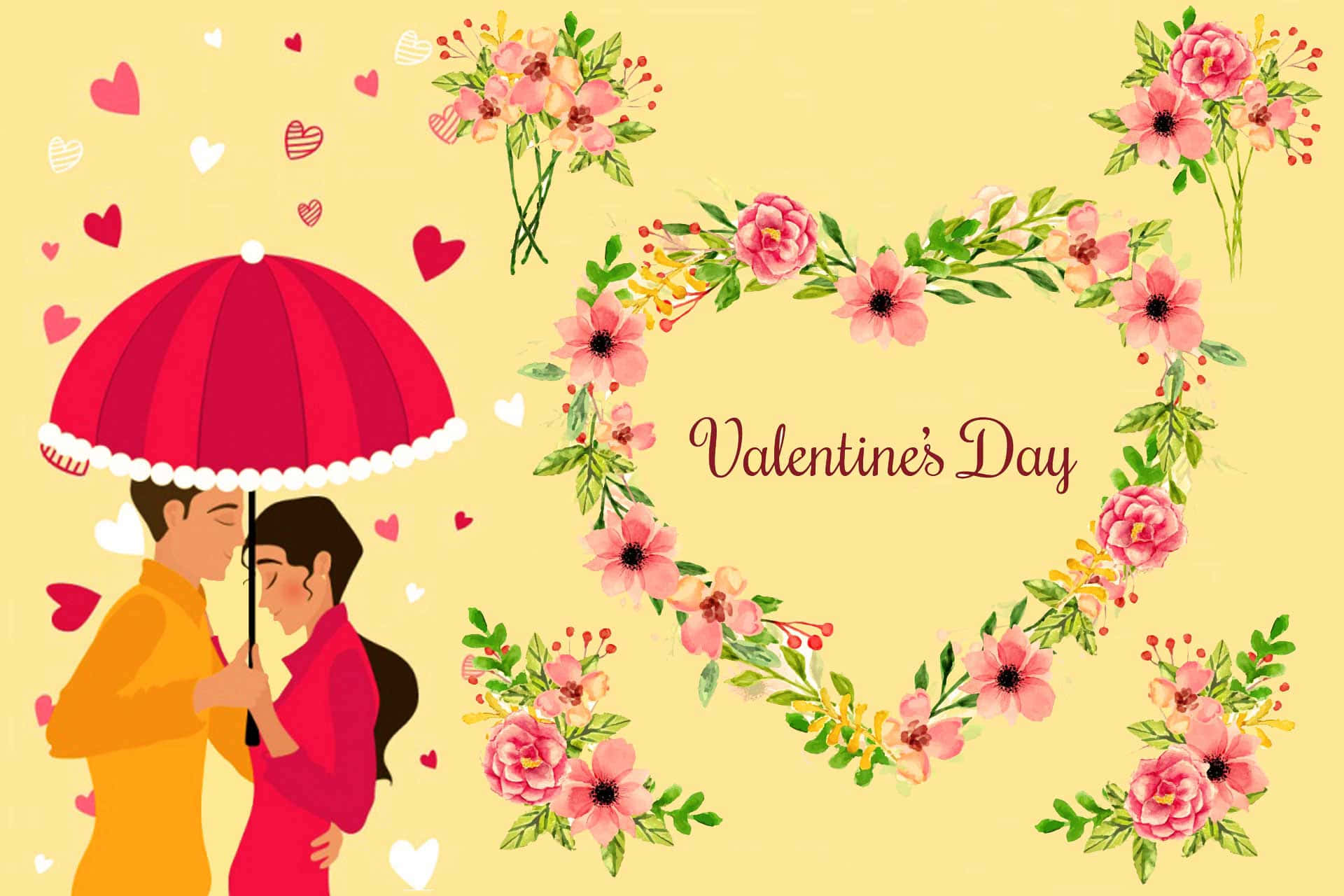 Cute Valentines 桌布 壁紙 — 一對情侶在柔和的黃色背景上，於心形花環下共用一把紅色雨傘，周圍有漂浮的心形。