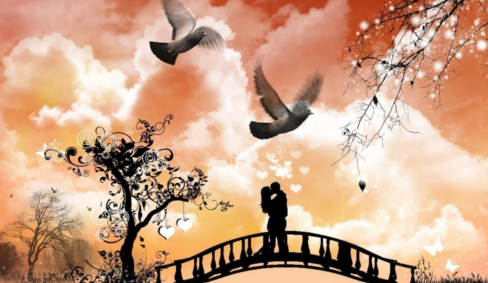 Silhouette 桌布 壁紙 — 一對情侶在橋上擁抱的浪漫剪影，背景是溫暖的日落天空，有飛翔的鴿子和心形雲朵。