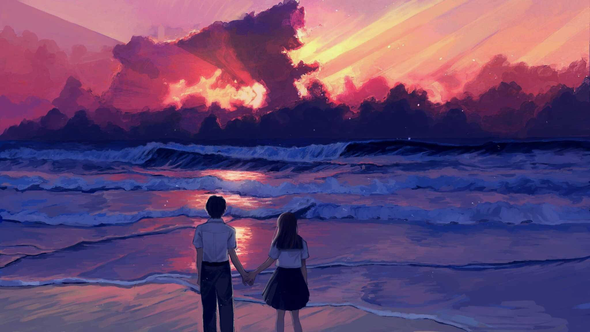 couple love 桌布 壁紙 — 一對情侶在海灘上牽手，觀賞著粉紅色和橙色鮮豔的日落，海浪拍打著岸邊。