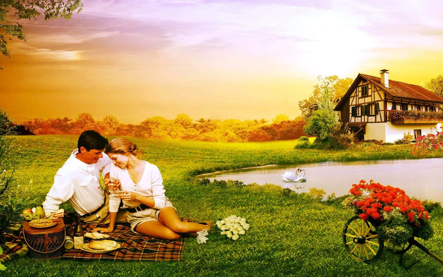Romantic Love 桌布 壁紙 — 一對情侶在溫暖的日落天空下，在池塘邊的草地上分享浪漫的野餐，旁邊有天鵝和花車。