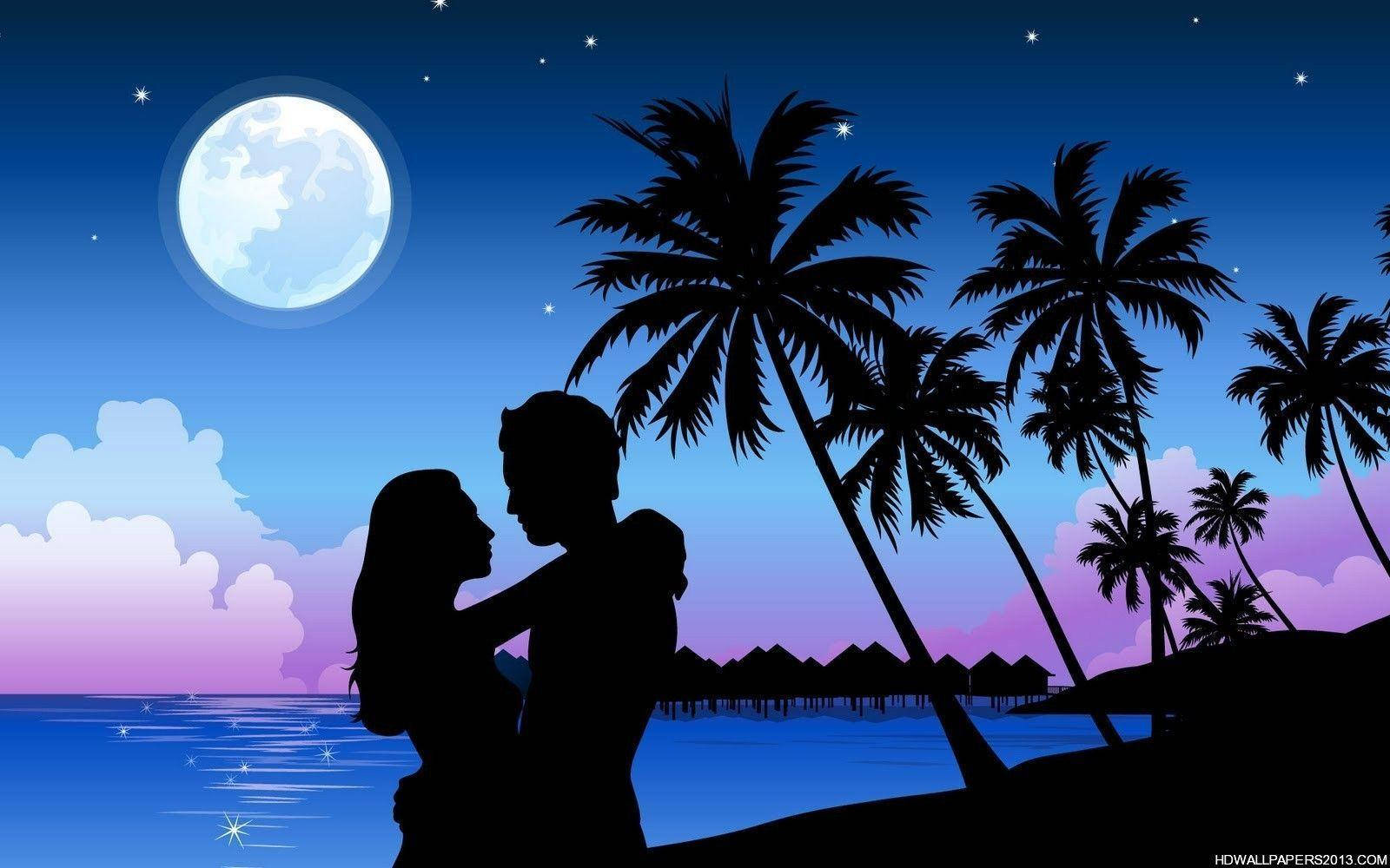 Romantic Couples 桌布 壁紙 — 一對情侶在滿月下，棕櫚樹旁的寧靜熱帶海灘上，以剪影相擁。