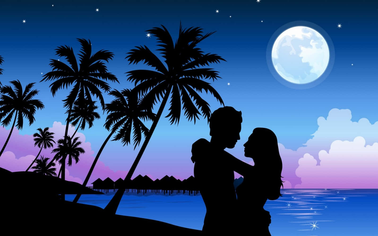 Romantic Love 桌布 壁紙 — 一對情侶在滿月和星星下，棕櫚樹旁的熱帶海灘上夜間擁抱的剪影。