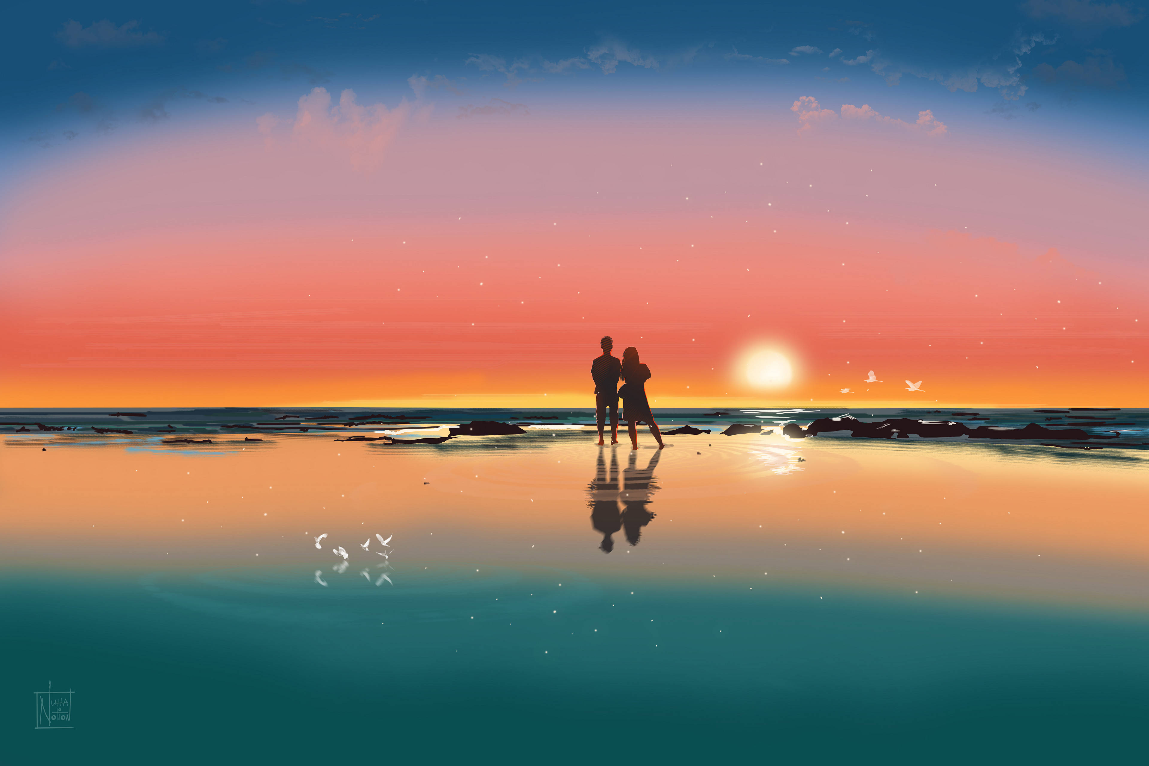 水 桌布 壁紙 — 一對情侶在濕漉漉的海灘上以剪影站立，夕陽西下，在漸變天空下於水面投下溫暖的倒影。