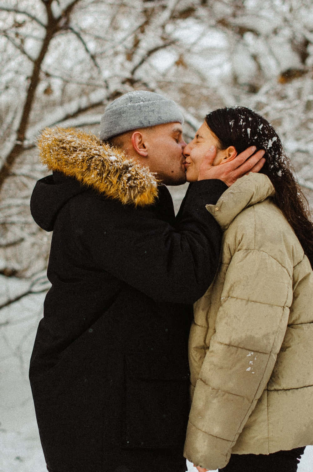 Kissing 桌布 壁紙 — 一對情侶在白雪覆蓋的公園裡深情接吻，周圍是灑滿雪的樹木和冬季外套。