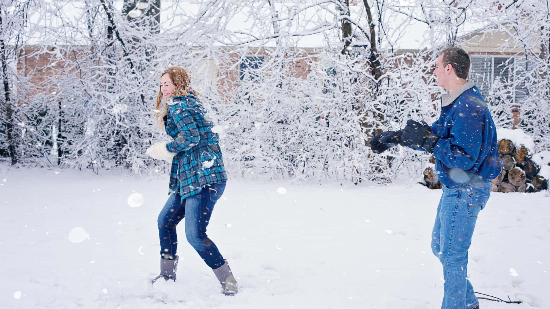 Snowball Fight 桌布 壁紙 — 一對情侶在白雪覆蓋的後院中，在結霜的樹木和飄落的雪花間歡快地扔雪球。