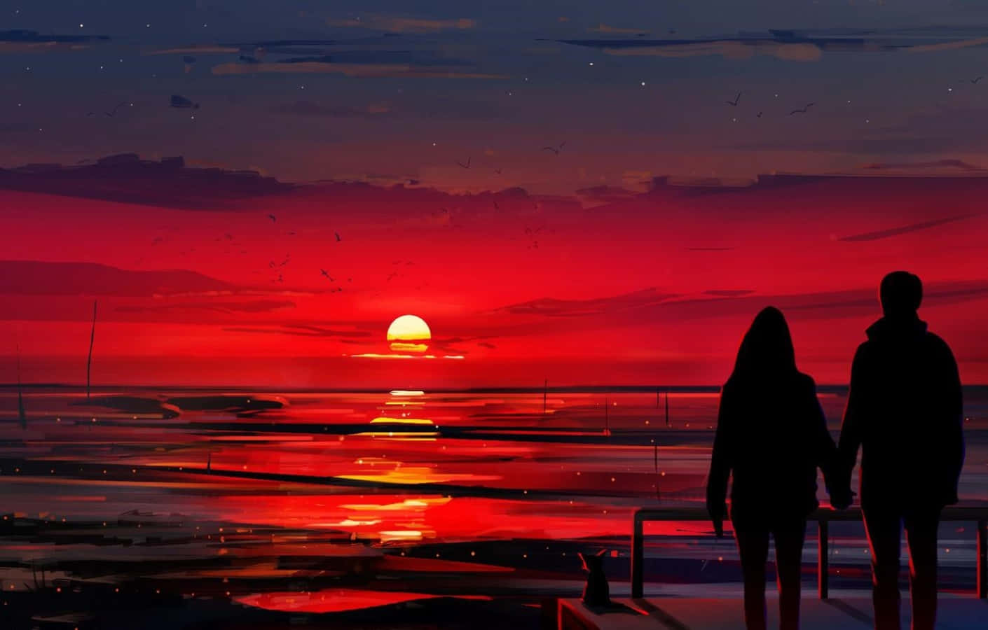 Sunset Silhouette 桌布 壁紙 — 一對情侶在碼頭上牽手，觀賞水面上火紅的日落，鳥兒在上空飛翔。