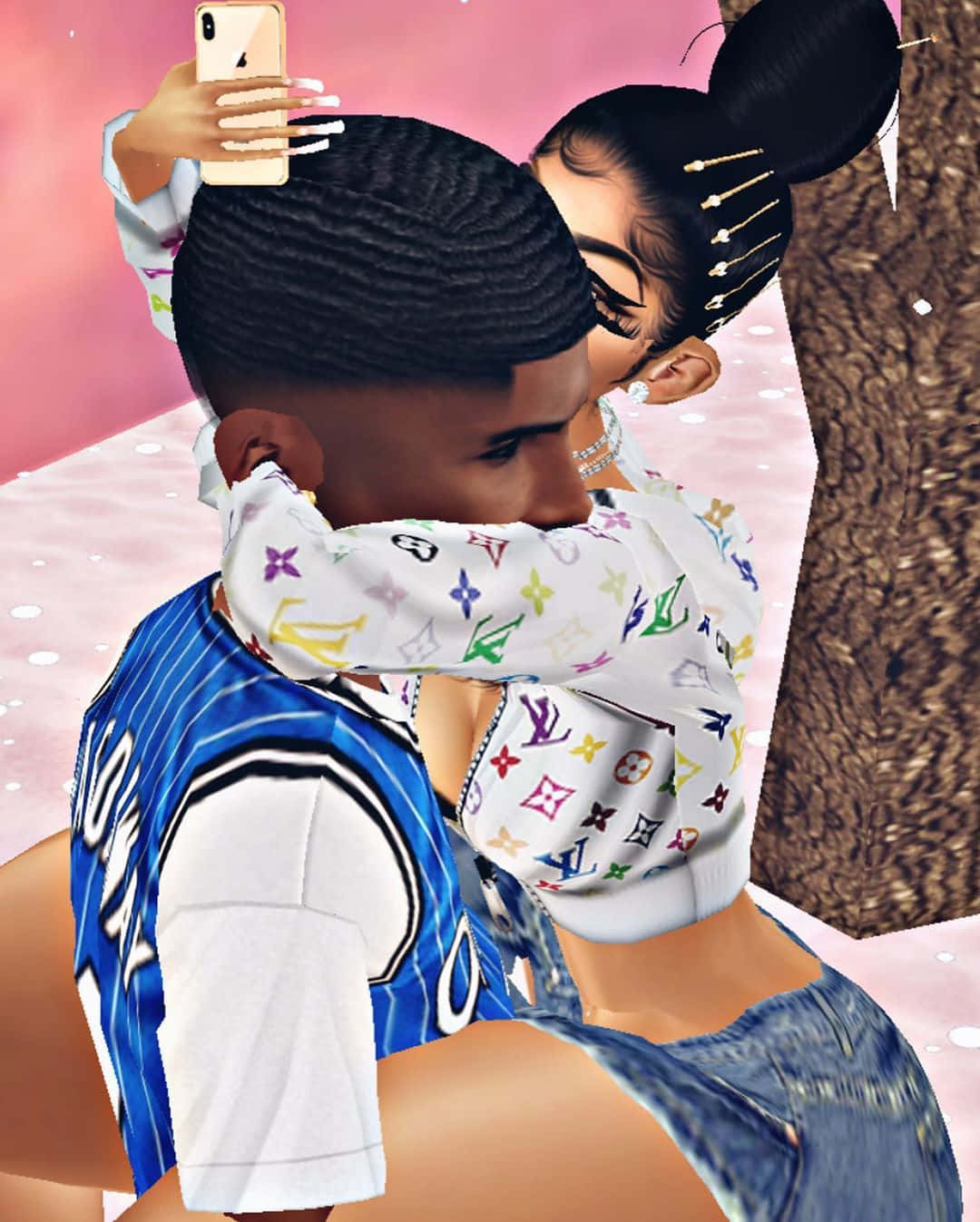 imvu 桌布 壁紙 — 一對情侶在粉紅色調的數位場景中，一邊緊緊擁抱，一邊用手機自拍。