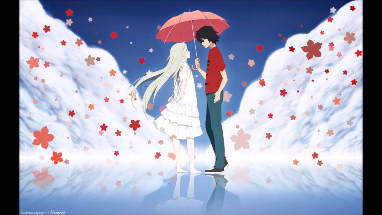 Anohana 桌布 壁紙 — 一對情侶在紅傘下走過雪景，櫻花在他們周圍飄落。