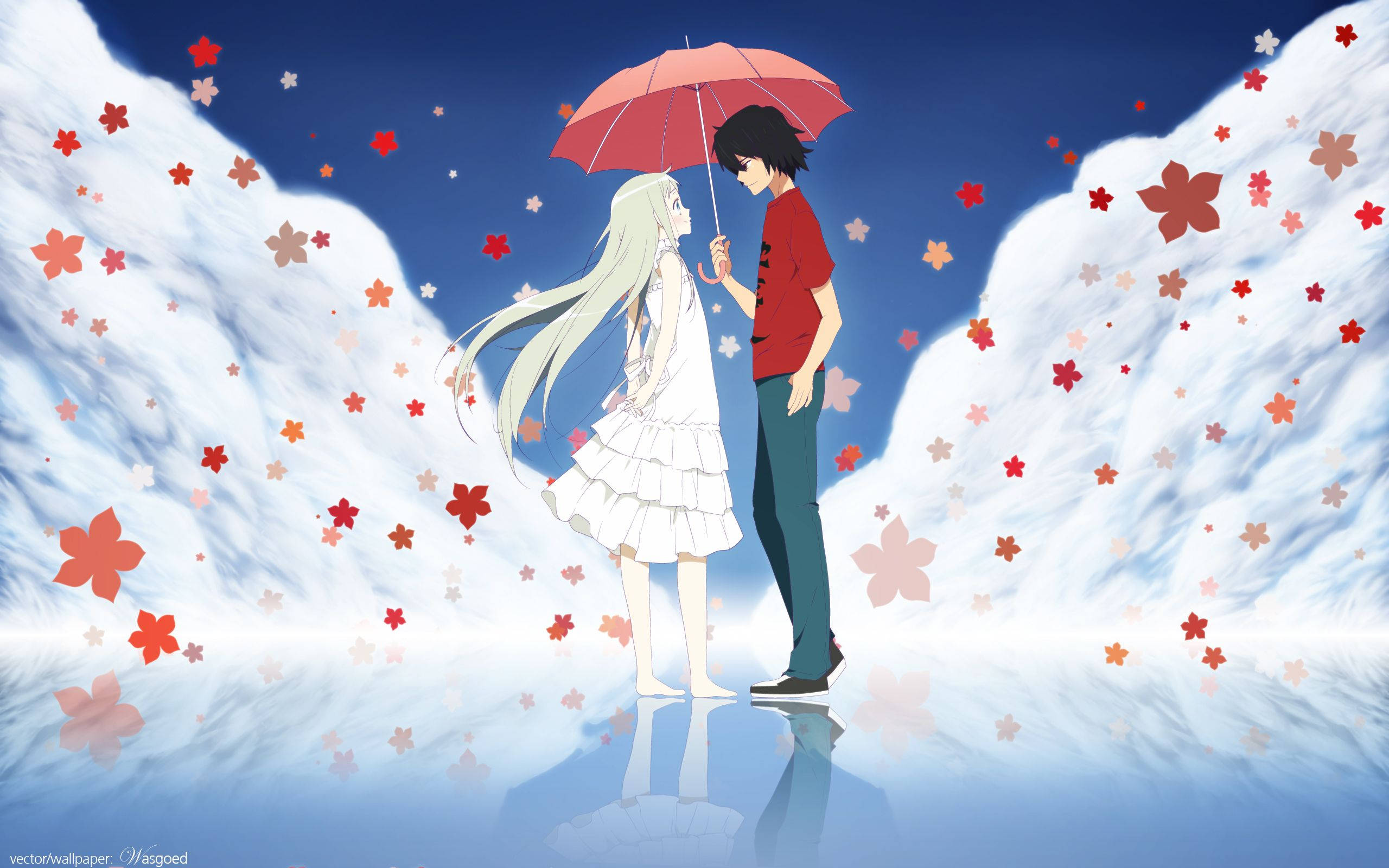動漫愛情 桌布 壁紙 — 一對情侶在紅色雨傘下，站在夢幻動畫場景中，周圍是旋轉的雲朵和飄落的櫻花。