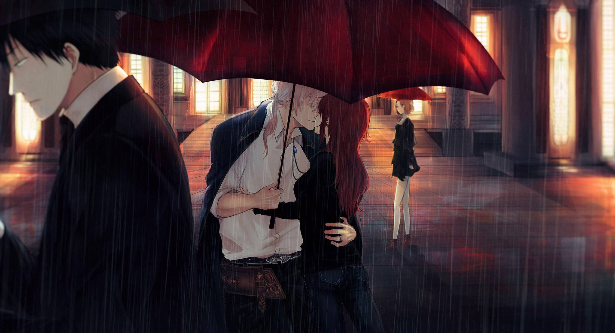 動漫 桌布 壁紙 — 一對情侶在紅色雨傘下接吻，雨點灑落宏偉大廳，遠處一個孤獨的身影注視著。