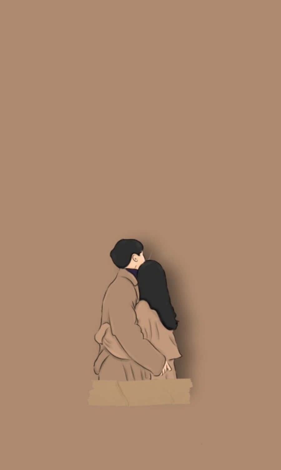 Couple Cartoon 桌布 壁紙 — 一對情侶在純棕色背景上從背後擁抱的極簡數位插圖。