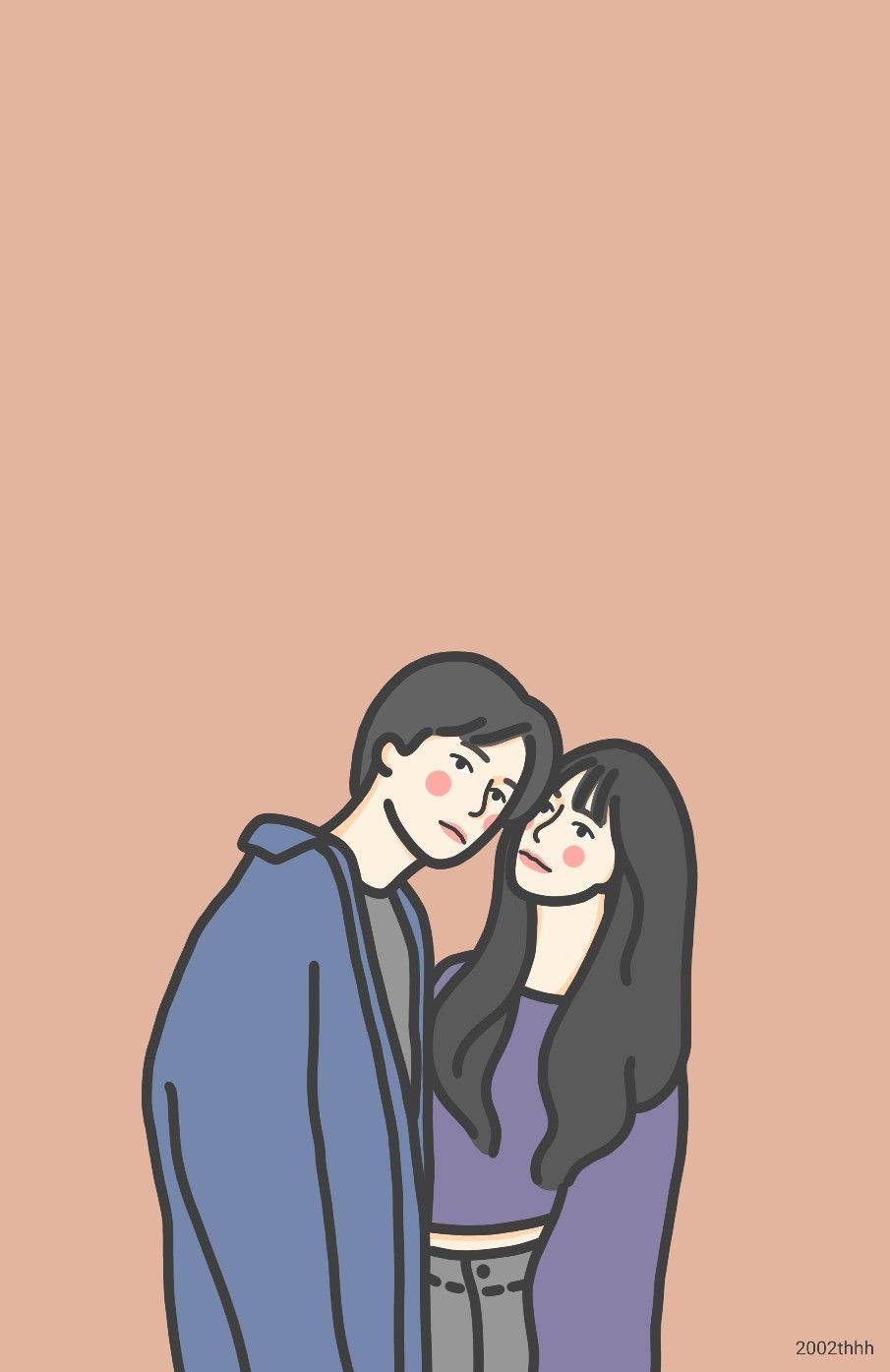 Love Cute Couple 桌布 壁紙 — 一對情侶在純色蜜桃色背景上溫柔擁抱的極簡插圖。
