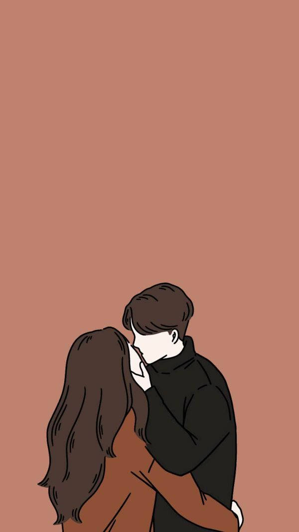 Love Cute Couple 桌布 壁紙 — 一對情侶在純色陶土背景前擁抱親吻的極簡插圖。