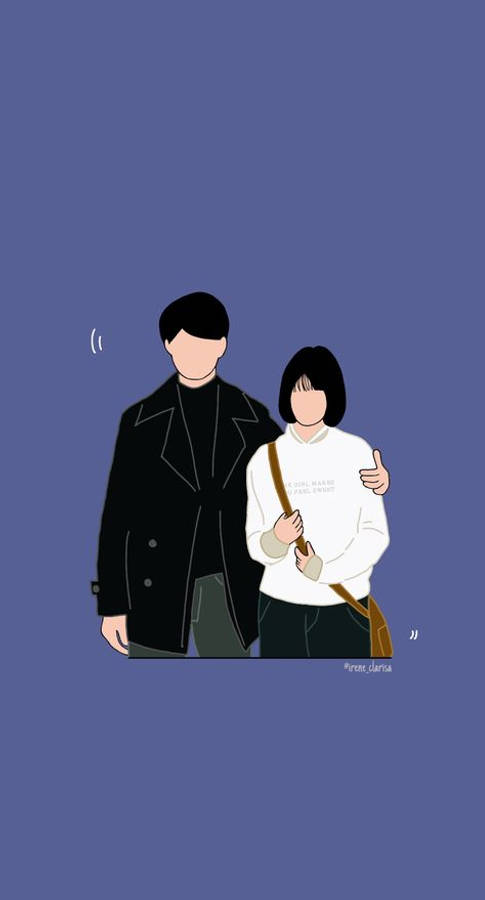 Reply 1988 桌布 壁紙 — 一對情侶在純藍色背景上擁抱的極簡插圖，帶有微妙的對話氣泡。