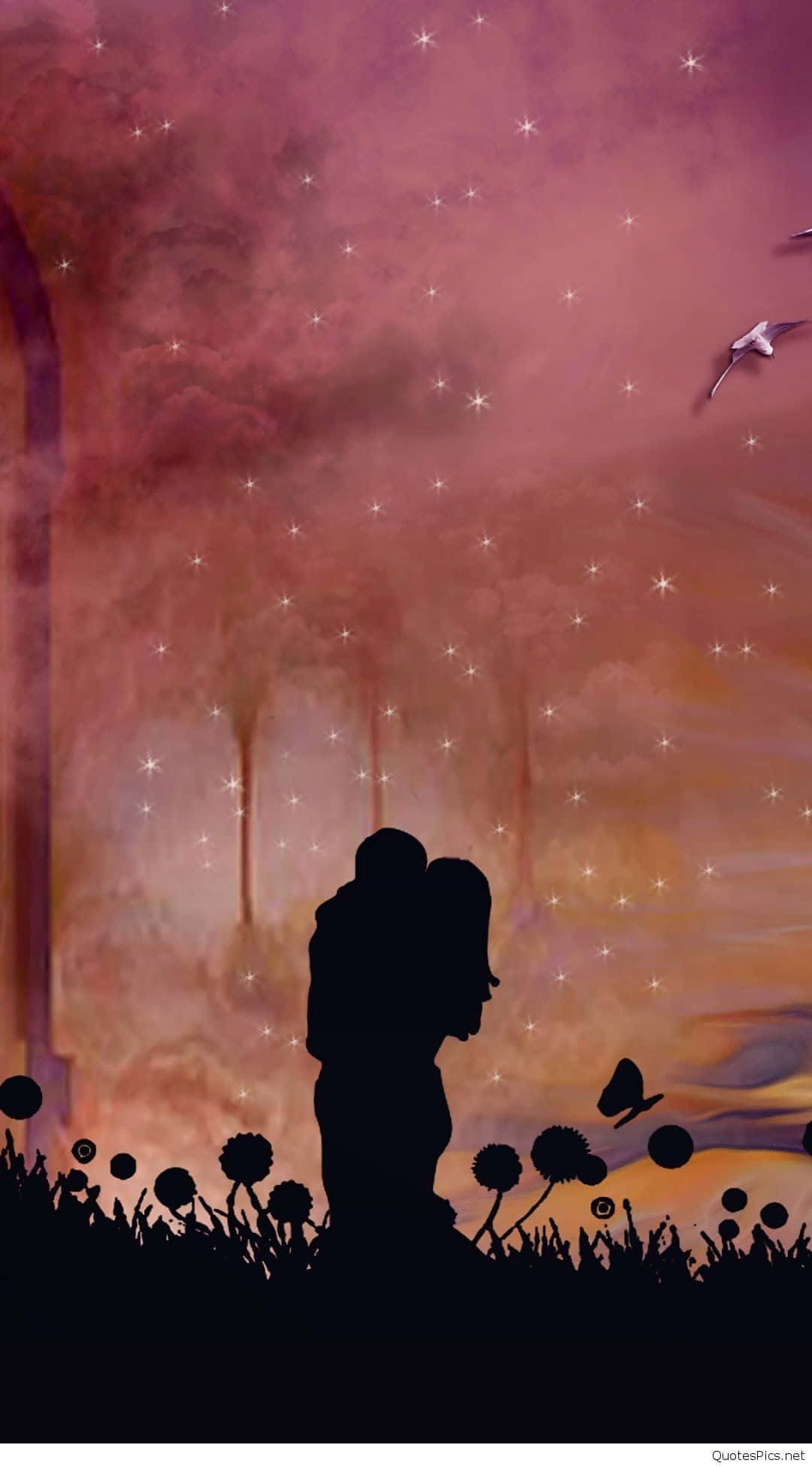 Silhouette 桌布 壁紙 — 一對情侶在繁星點點的暮色天空下擁抱的浪漫剪影，伴隨著蒲公英和一隻飛鳥。