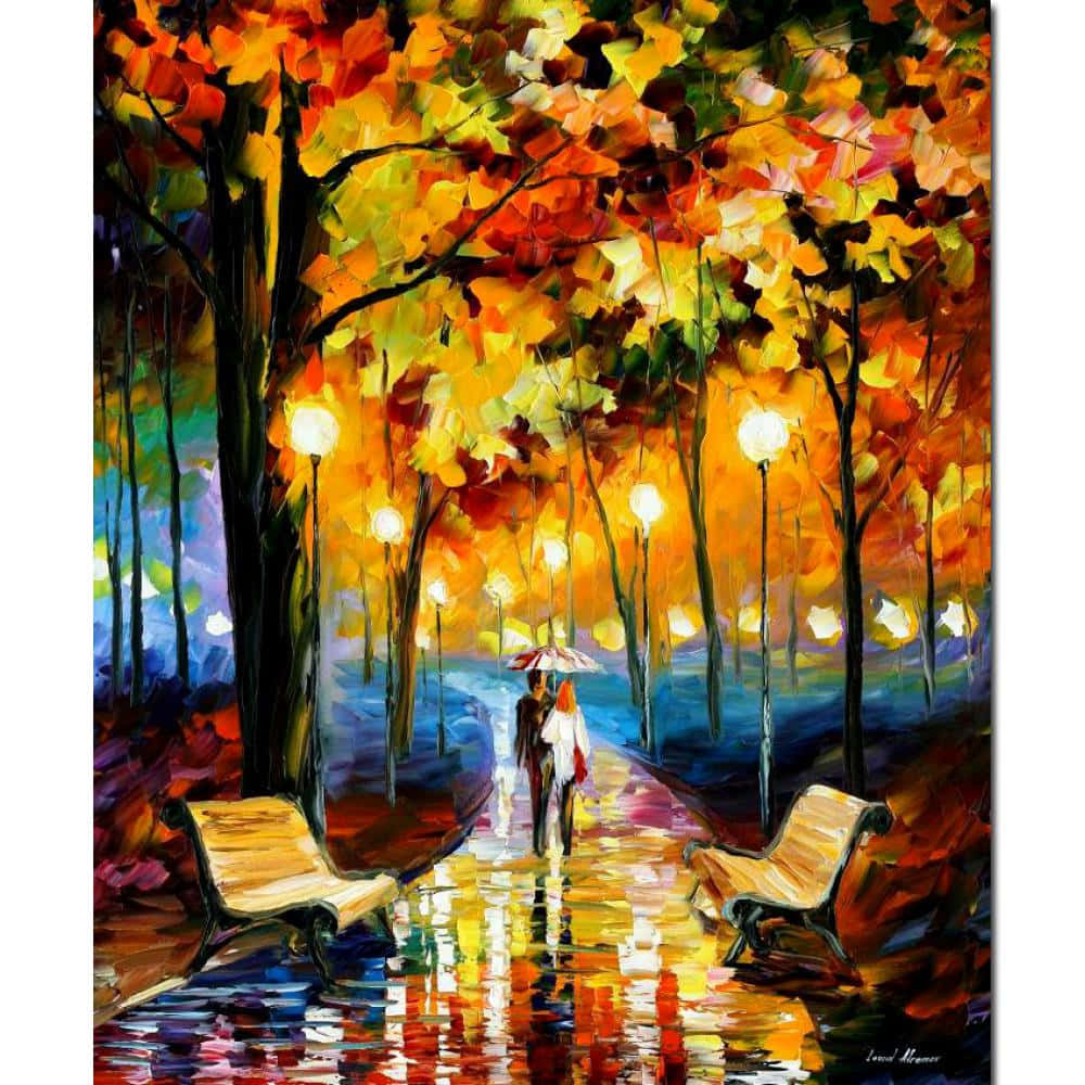 Beautiful Art 桌布 壁紙 — 一對情侶在色彩繽紛的秋季樹冠下漫步，發光的街燈倒映在濕漉漉的人行道上。