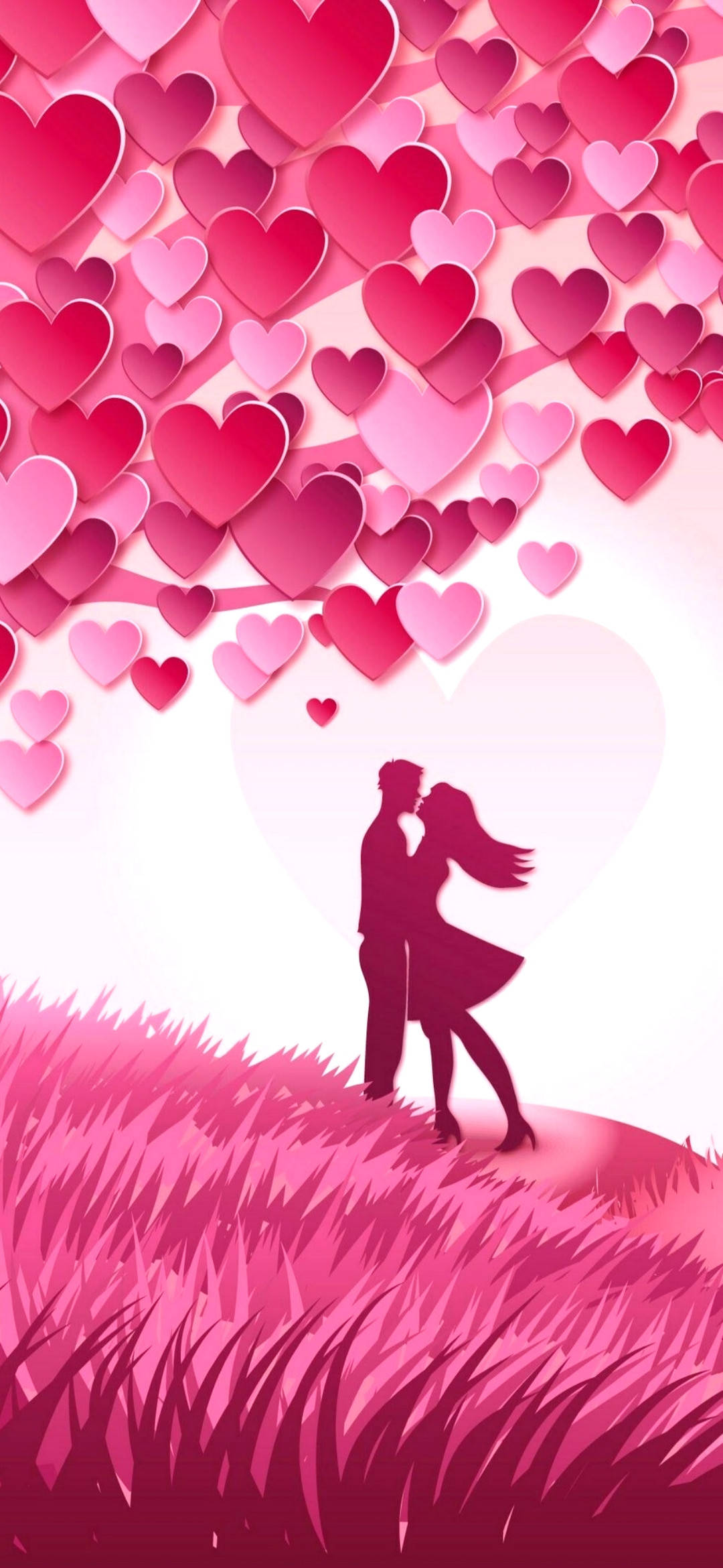 Love Phone 桌布 壁紙 — 一對情侶在草坡上，於層層疊疊的粉紅色紙心心瀑布下親吻的浪漫剪影。