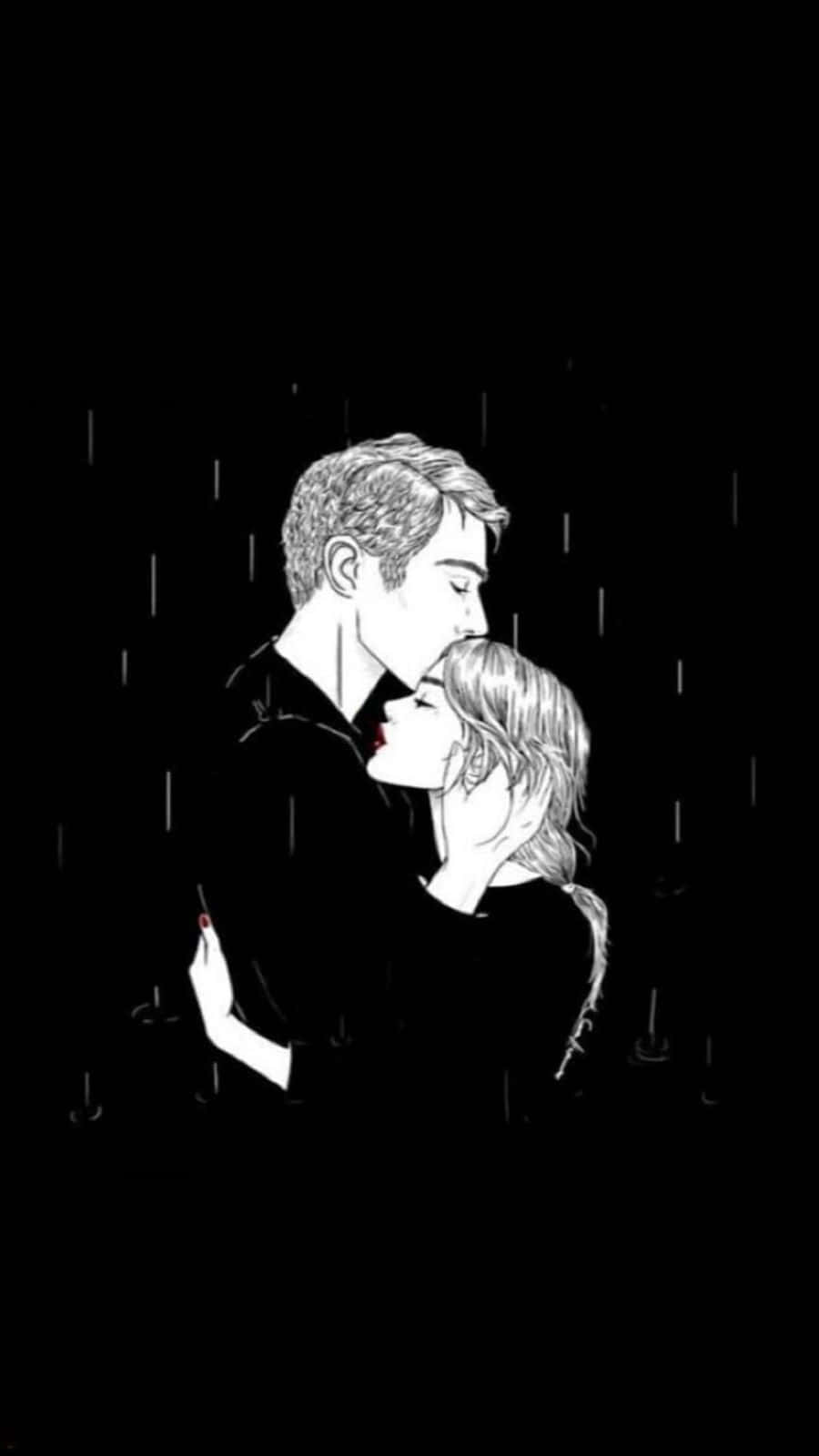 Black Couple 桌布 壁紙 — 一對情侶在落下的雨滴下擁抱親吻的溫柔黑白插圖。