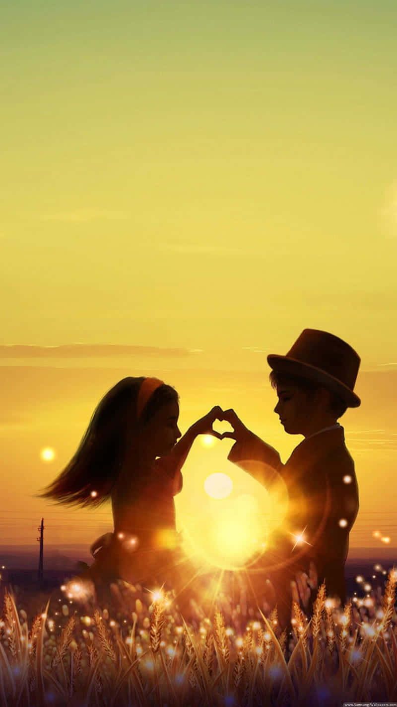 Beautiful Couple 桌布 壁紙 — 一對情侶在金色夕陽下的剪影，於高草叢中用手比出心形。
