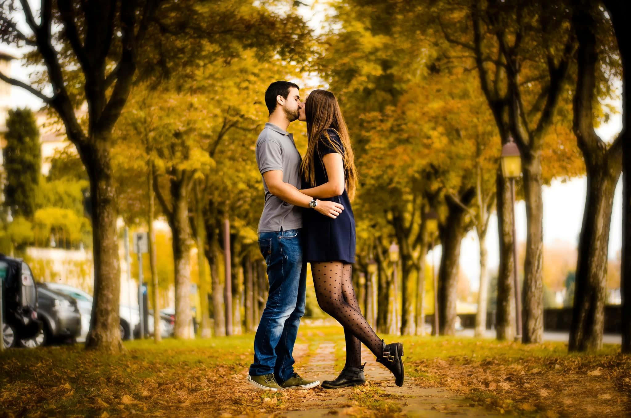 Boyfriend And Girlfriend 桌布 壁紙 — 一對情侶在鋪滿金色落葉、樹木成蔭的秋天小徑上深情接吻。