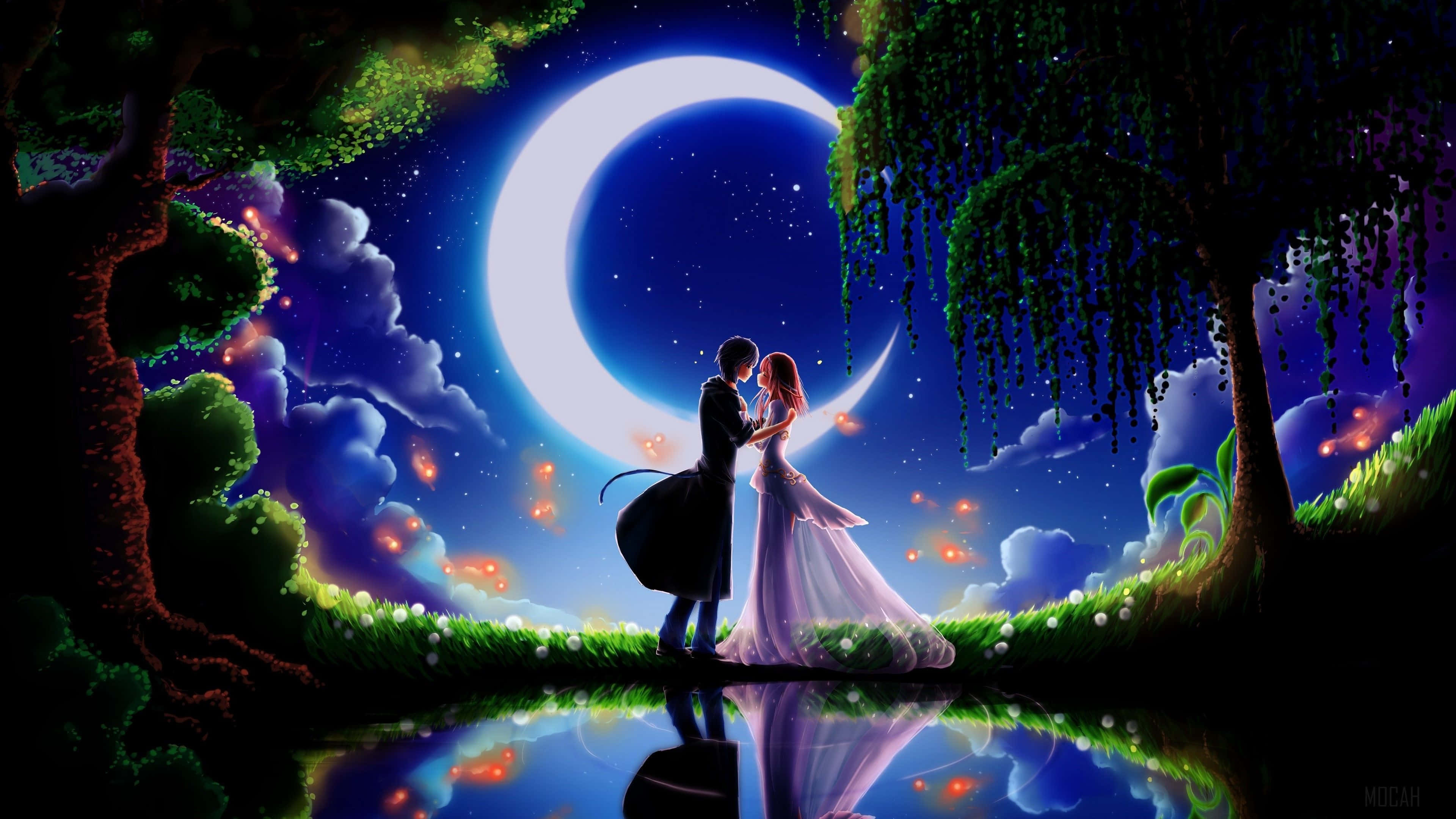 couple love 桌布 壁紙 — 一對情侶在閃爍的彎月下擁抱，身處魔法森林，星空和發光的螢火蟲倒映在水中。