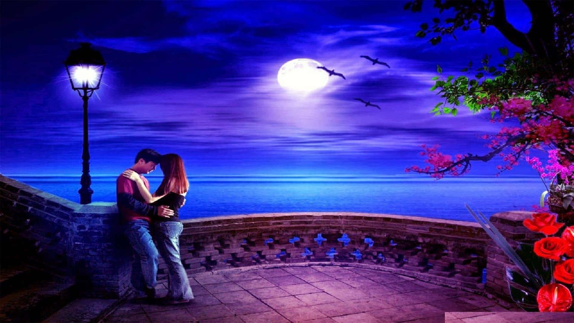 Romantic Love 桌布 壁紙 — 一對情侶在閃爍的滿月下擁抱，旁邊有石欄杆、亮著的街燈和盛開的粉紅色花朵。