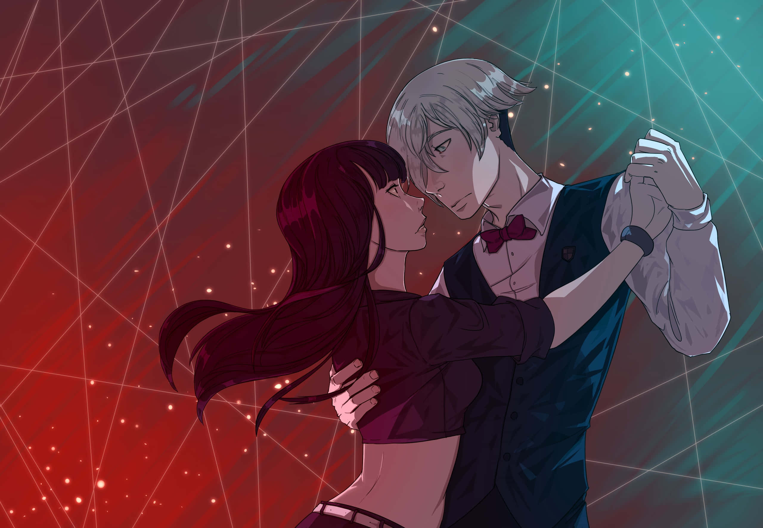 Death Parade 桌布 壁紙 — 一對情侶在閃爍的紅色和藍綠色舞台燈光下，伴隨著星爆效果親密地跳舞。