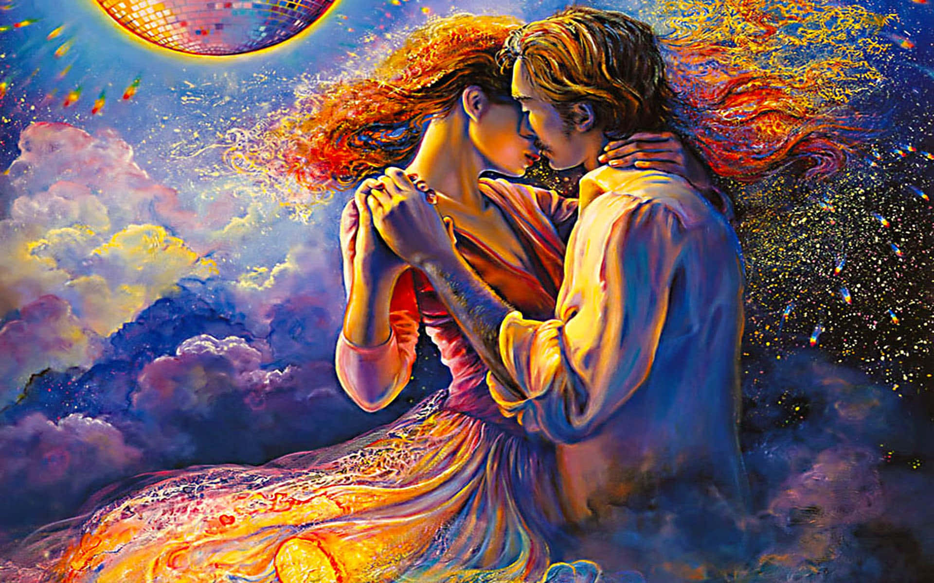Love Couple 桌布 壁紙 — 一對情侶在閃爍的迪斯科球下，在旋轉的宇宙雲和閃爍的星星中熱情擁抱。