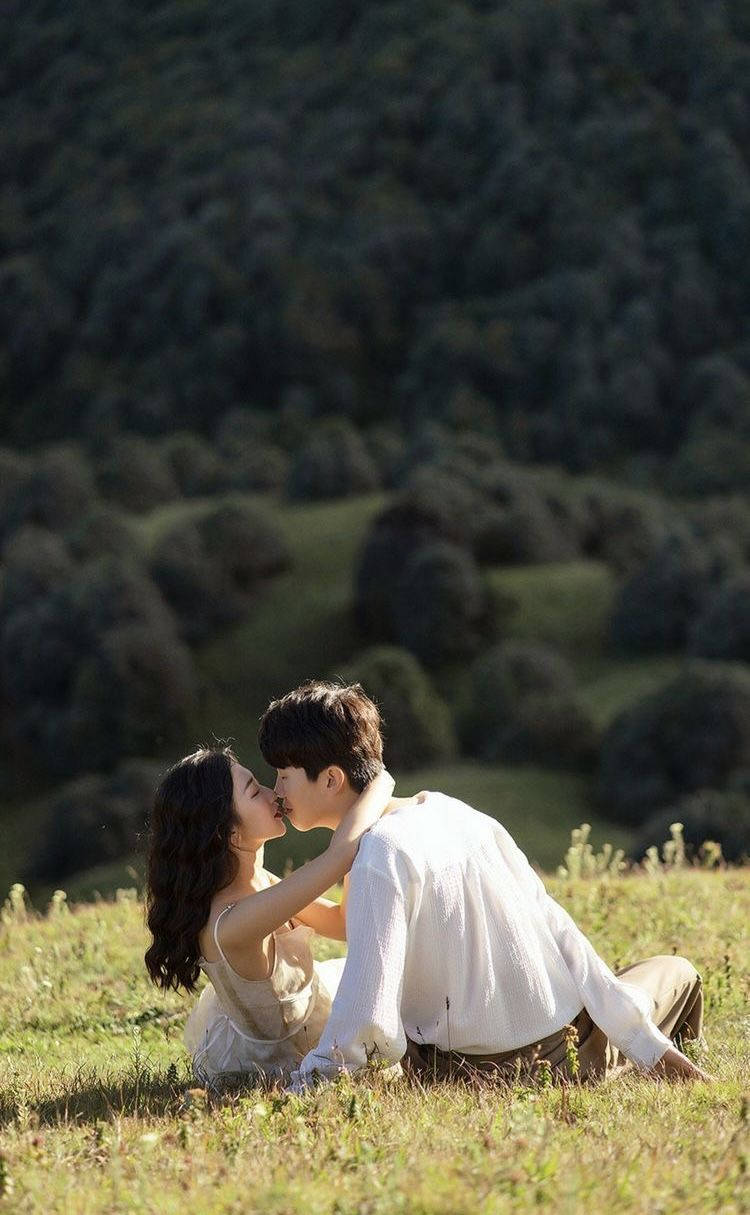 couples kissing 桌布 壁紙 — 一對情侶在陽光明媚的草地上分享溫柔的親吻，背景是連綿起伏的綠色山丘和深色樹木。