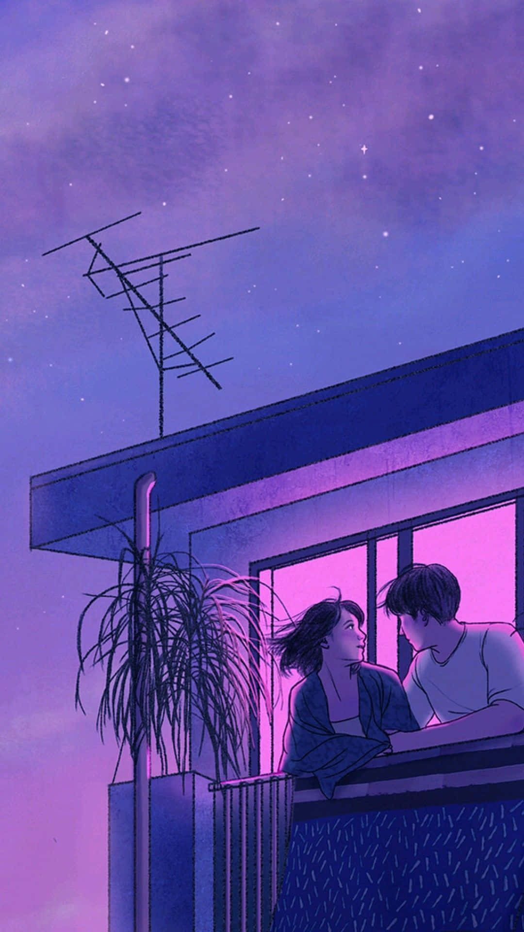 90s Anime 桌布 壁紙 — 一對情侶在陽台上共享寧靜時刻，頭頂是繁星點點的紫色夜空，屋頂天線和窗戶燈光閃爍。