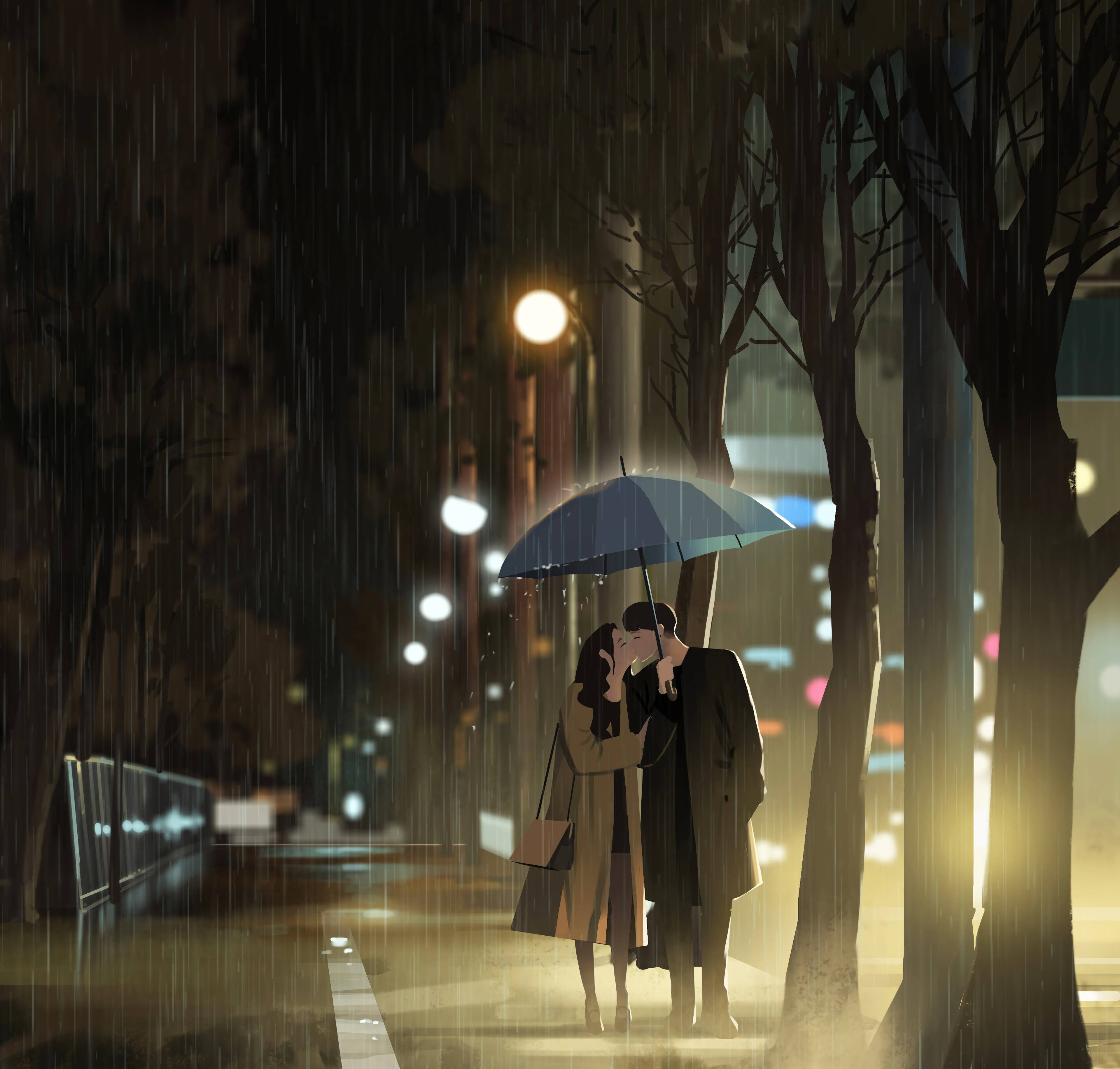 愛心 桌布 壁紙 — 一對情侶在雨夜街道上，在藍色雨傘下接吻，街道被溫暖的路燈照亮。