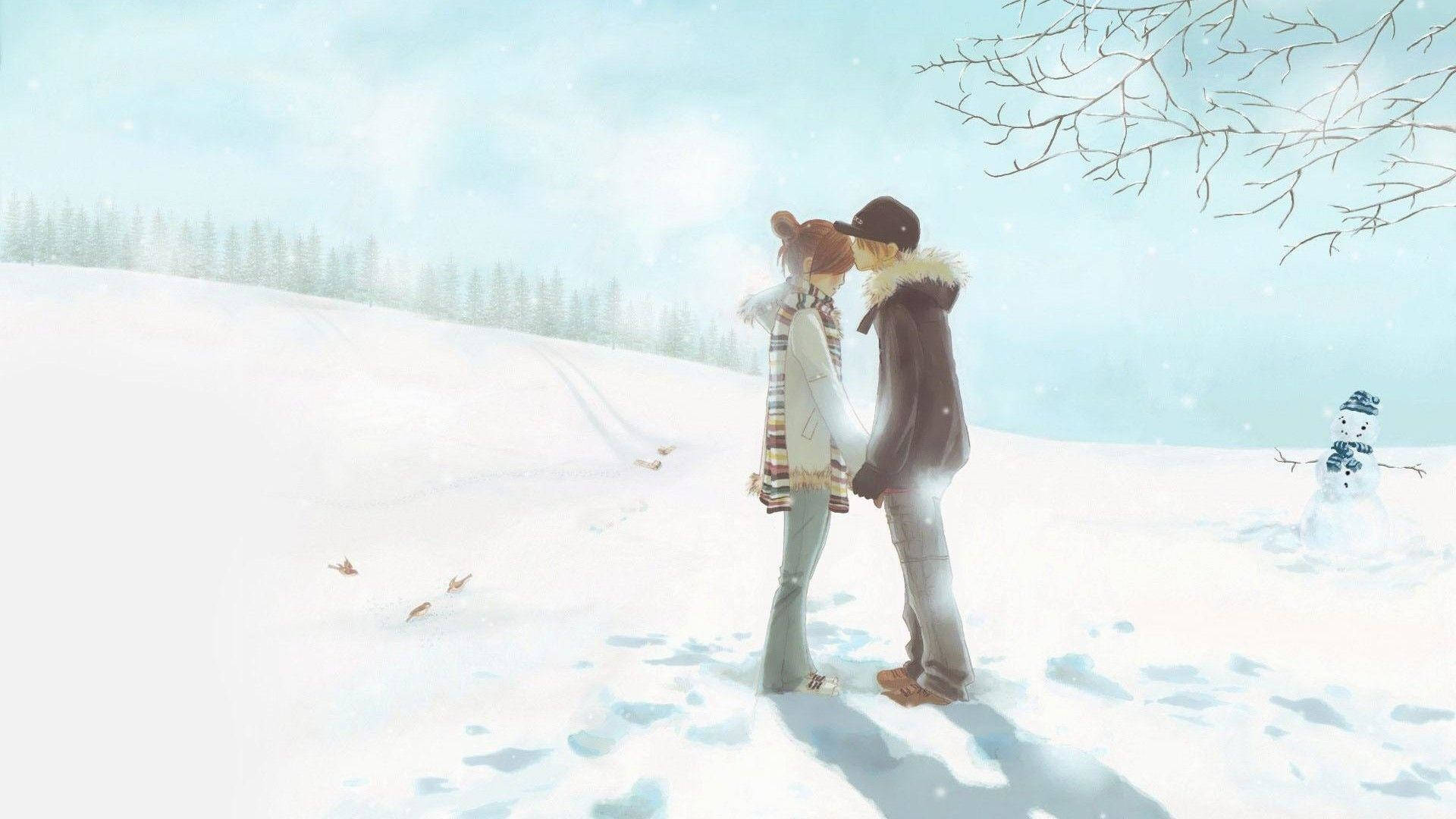 可愛動漫情侶 桌布 壁紙 — 一對情侶在雪地上親吻，背景是淡藍色的天空，附近有一個雪人，遠處有光禿禿的樹木。