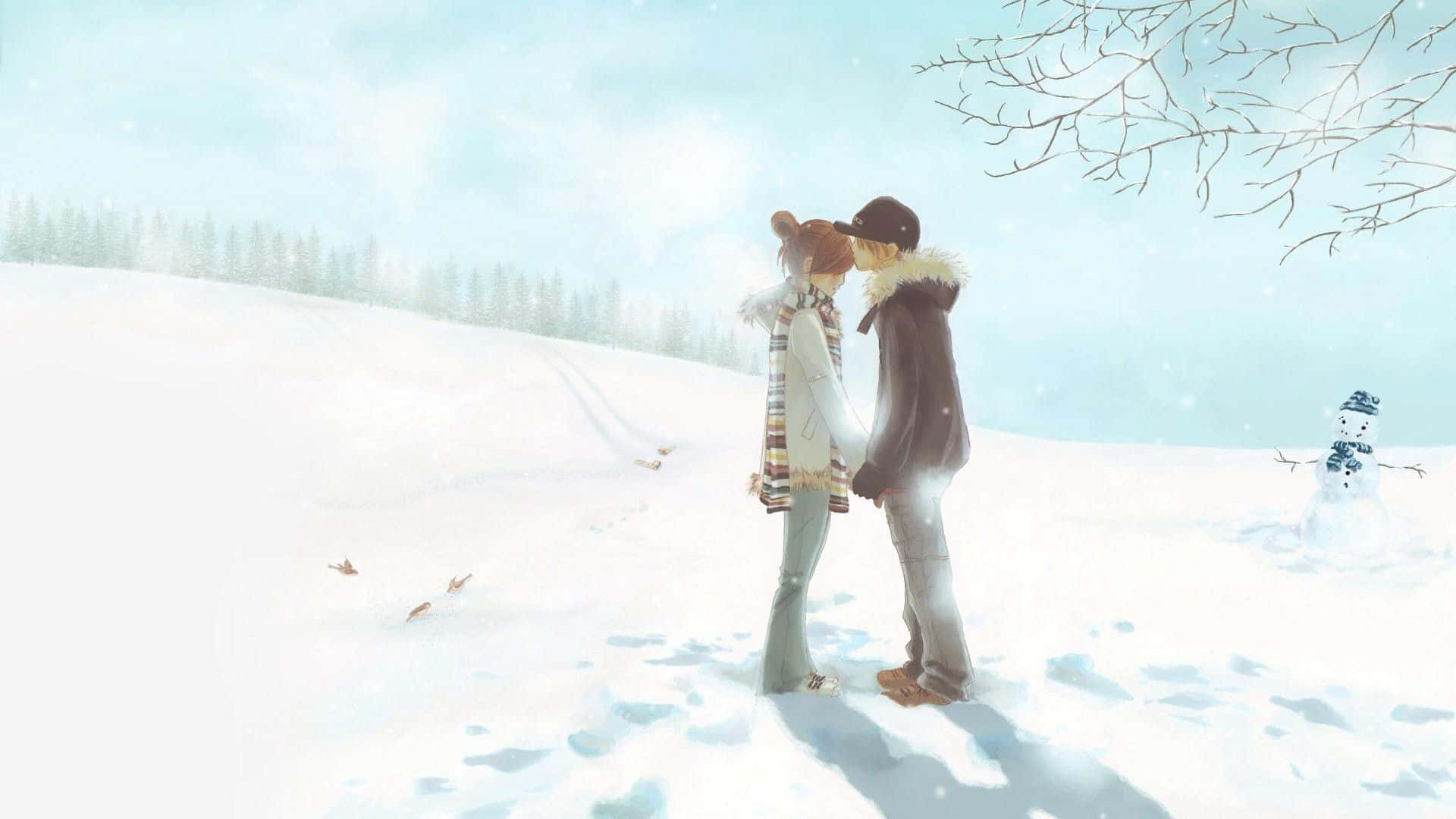 動漫情侶 桌布 壁紙 — 一對情侶在雪地裡親吻，旁邊有雪人和光禿禿的樹木，背景是柔和的藍天。