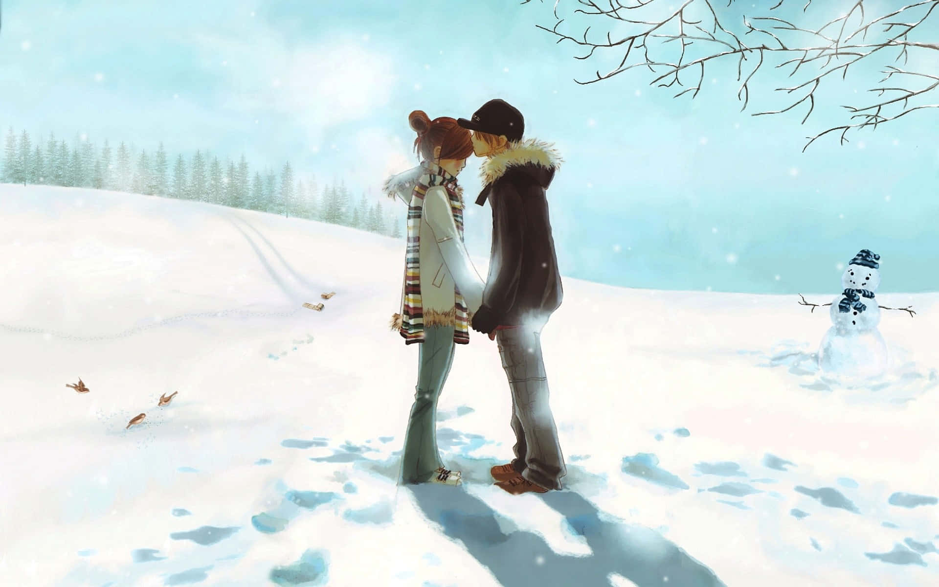 anime snow 桌布 壁紙 — 一對情侶在雪白的冬日田野中親吻，旁邊有雪人和光禿禿的樹木，背景是柔和的藍天。