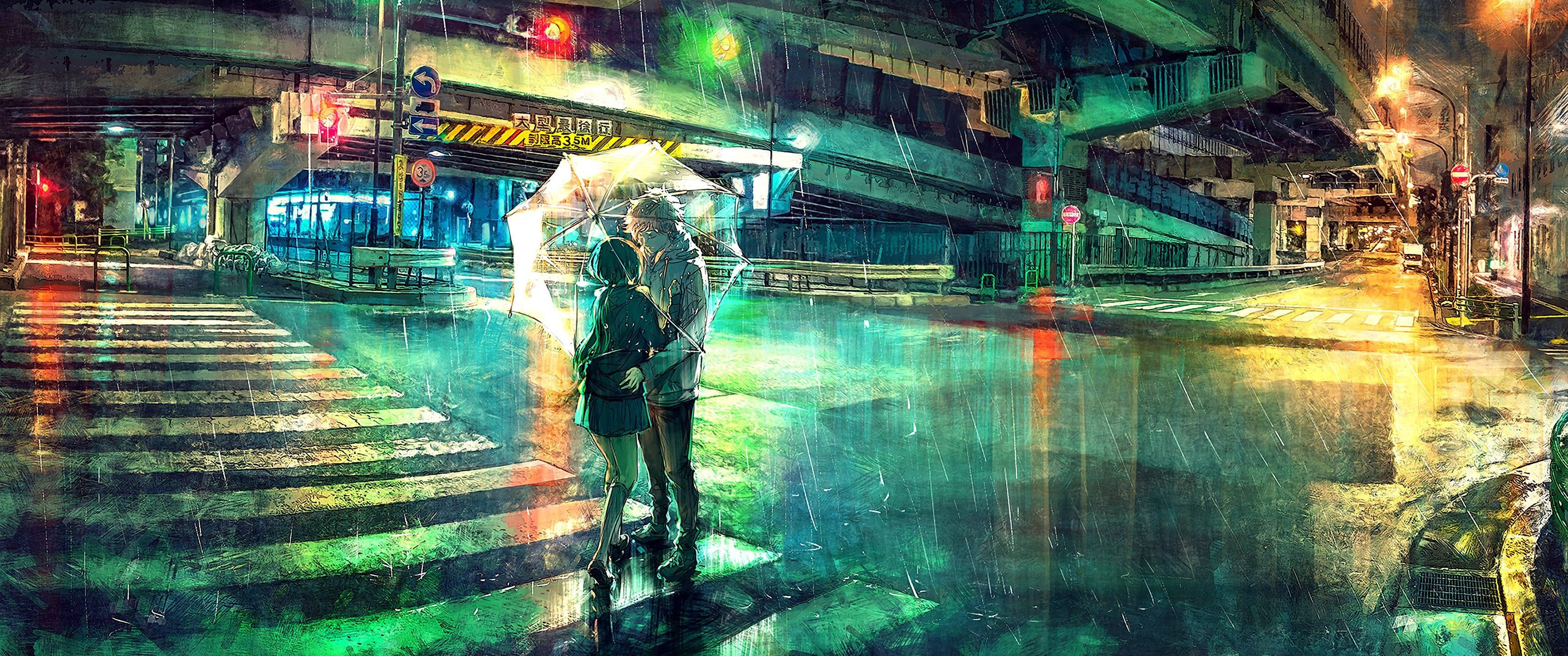 桌布 壁紙 — 一對情侶在霓虹燈下共享一把發光的雨傘，雨水劃過夜晚潮濕的城市街道。