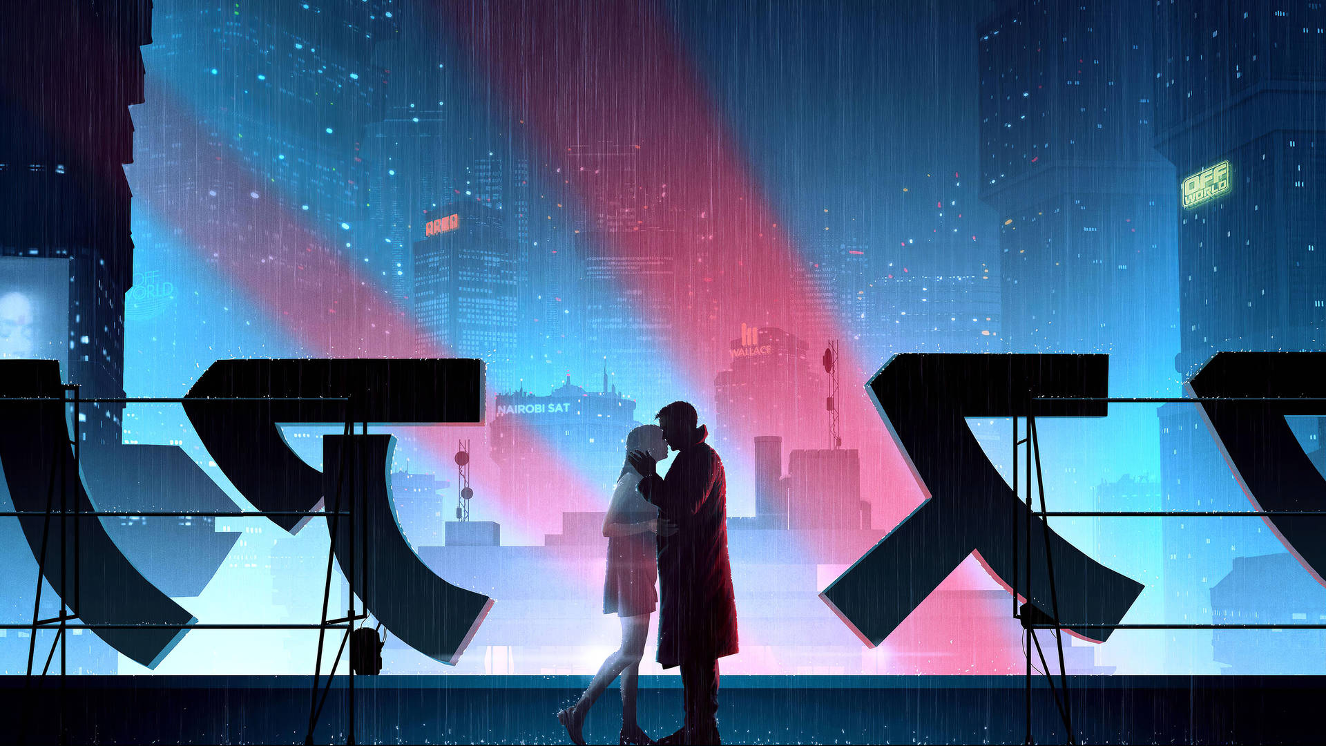 一對浪漫情侶在雨中的未來城市霓虹燈下接吻。 — 銀翼殺手2049 壁紙