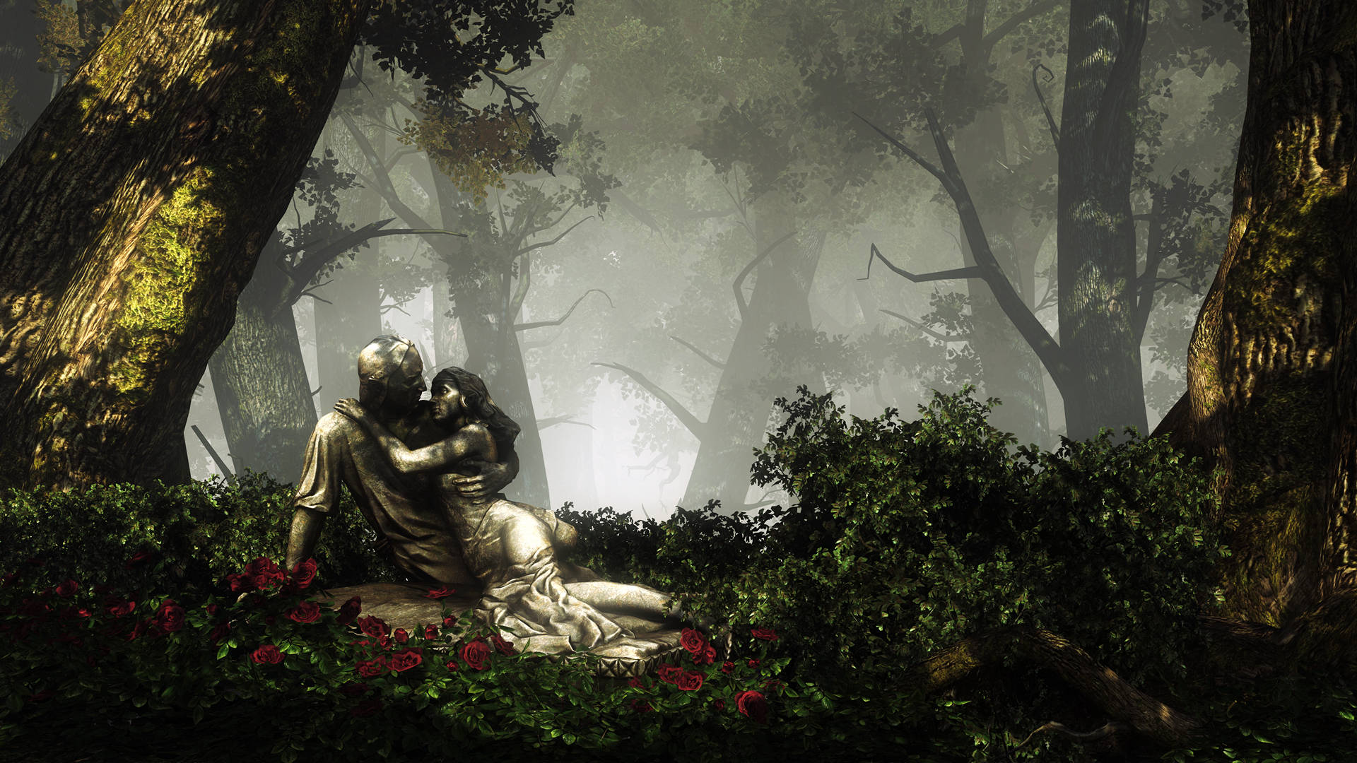 witcher 4K 桌布 壁紙 — 一對情侶在霧氣瀰漫的森林中擁抱的銀色雕像，腳下有紅玫瑰。