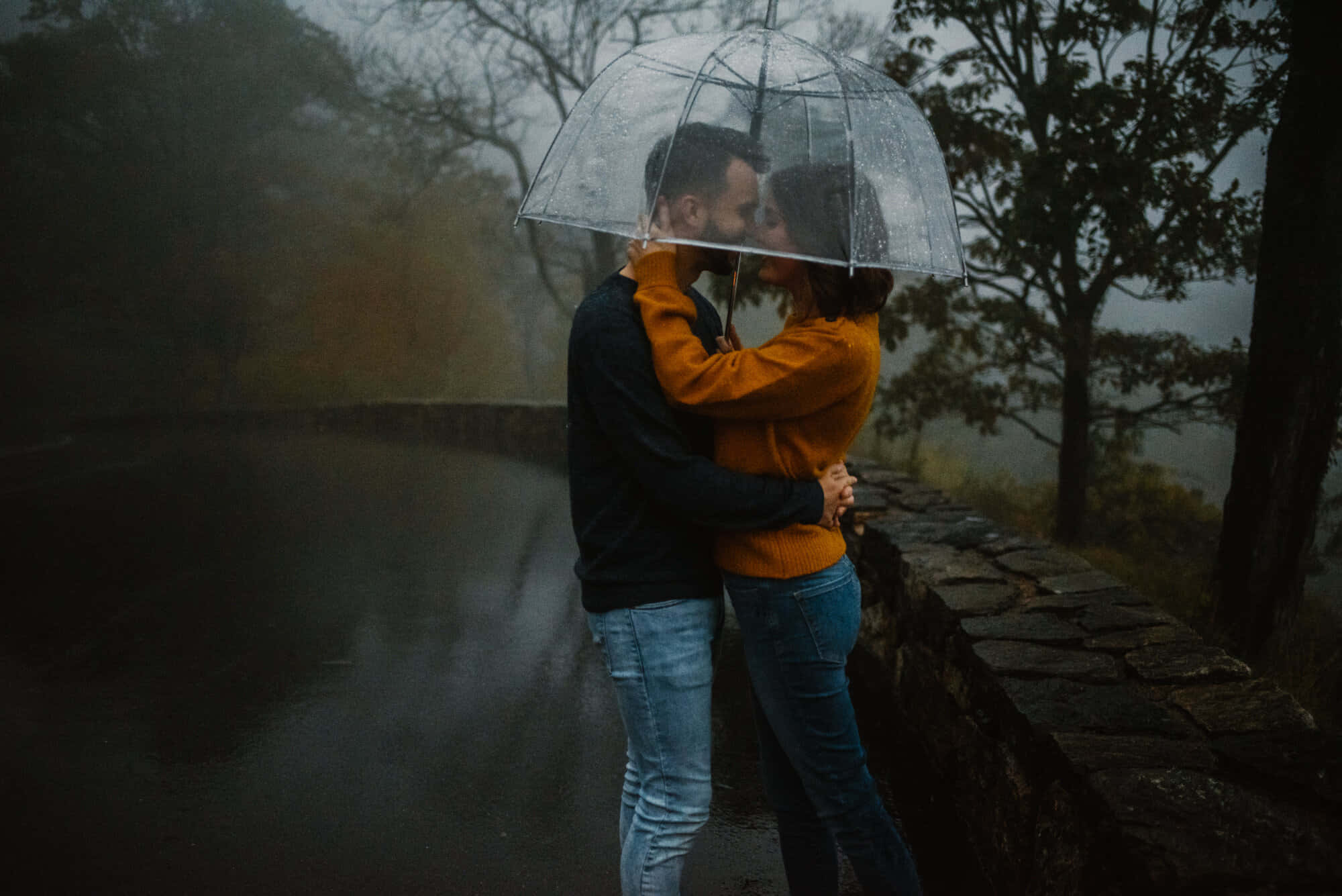 Umbrella 桌布 壁紙 — 一對情侶在霧雨天的石牆和濕漉漉的道路旁，在透明雨傘下接吻。