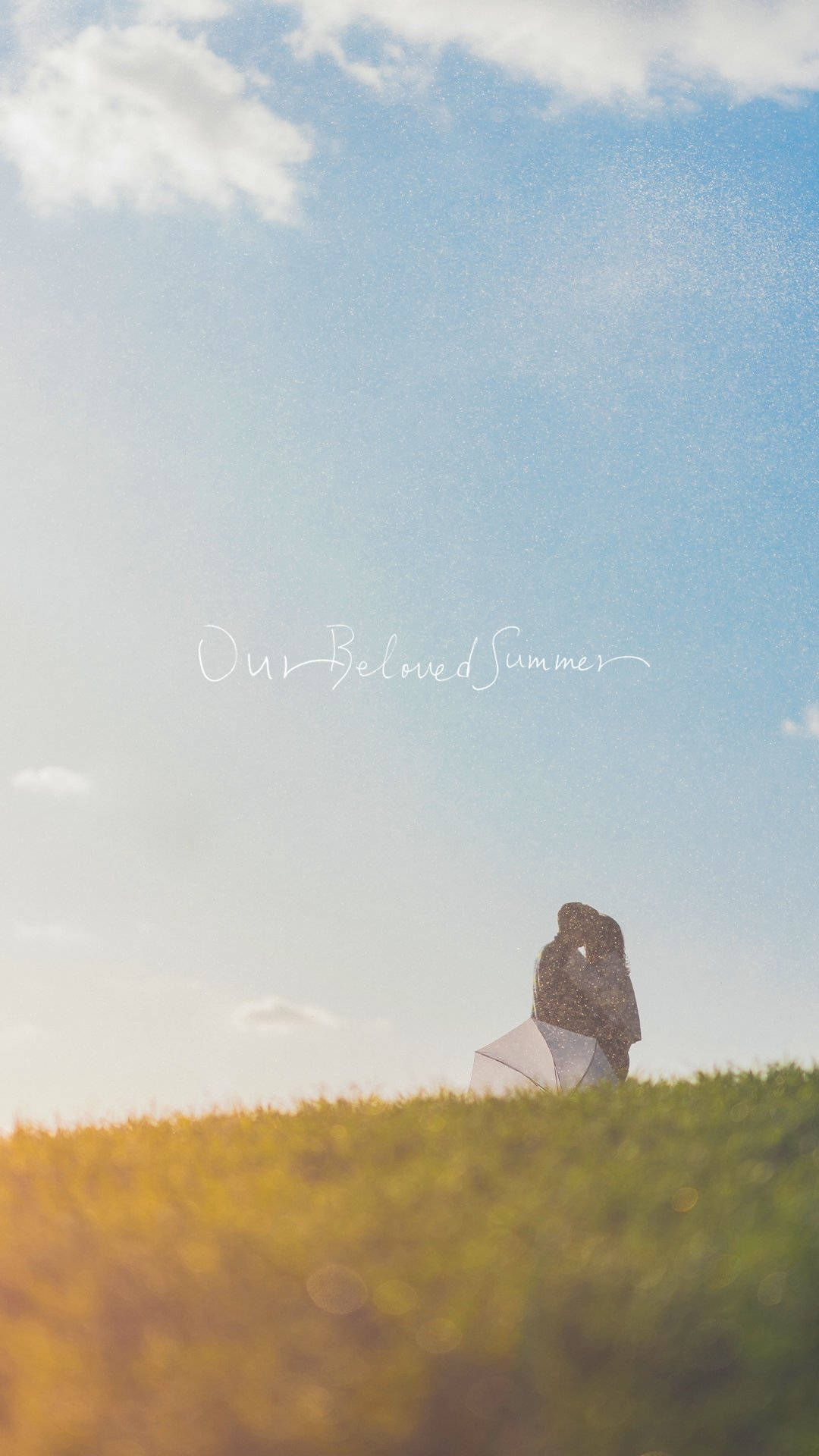 Beloved 桌布 壁紙 — 一對情侶在青草山坡上擁抱，背景是明亮的藍天、柔軟的白雲和金色的陽光。