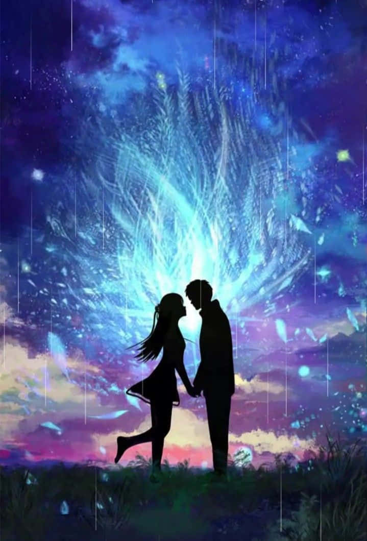 Silhouette 桌布 壁紙 — 一對情侶在魔法般的宇宙天空下牽手，散發著藍色光芒的能量和落雨，形成浪漫的剪影。